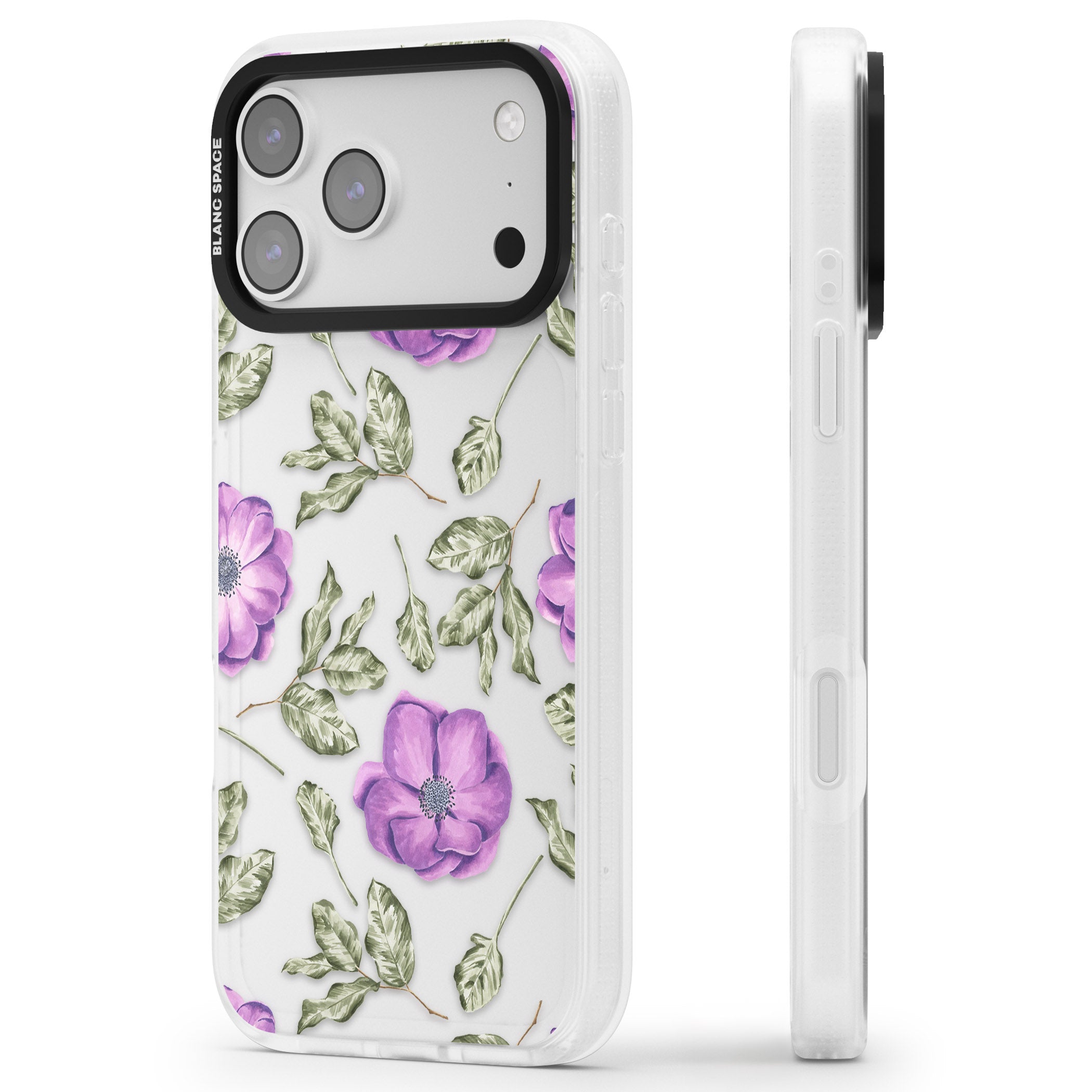 Purple Bloom Floral iPhone 17 Pro Max Impact Air Clear Phone Case Side Profile