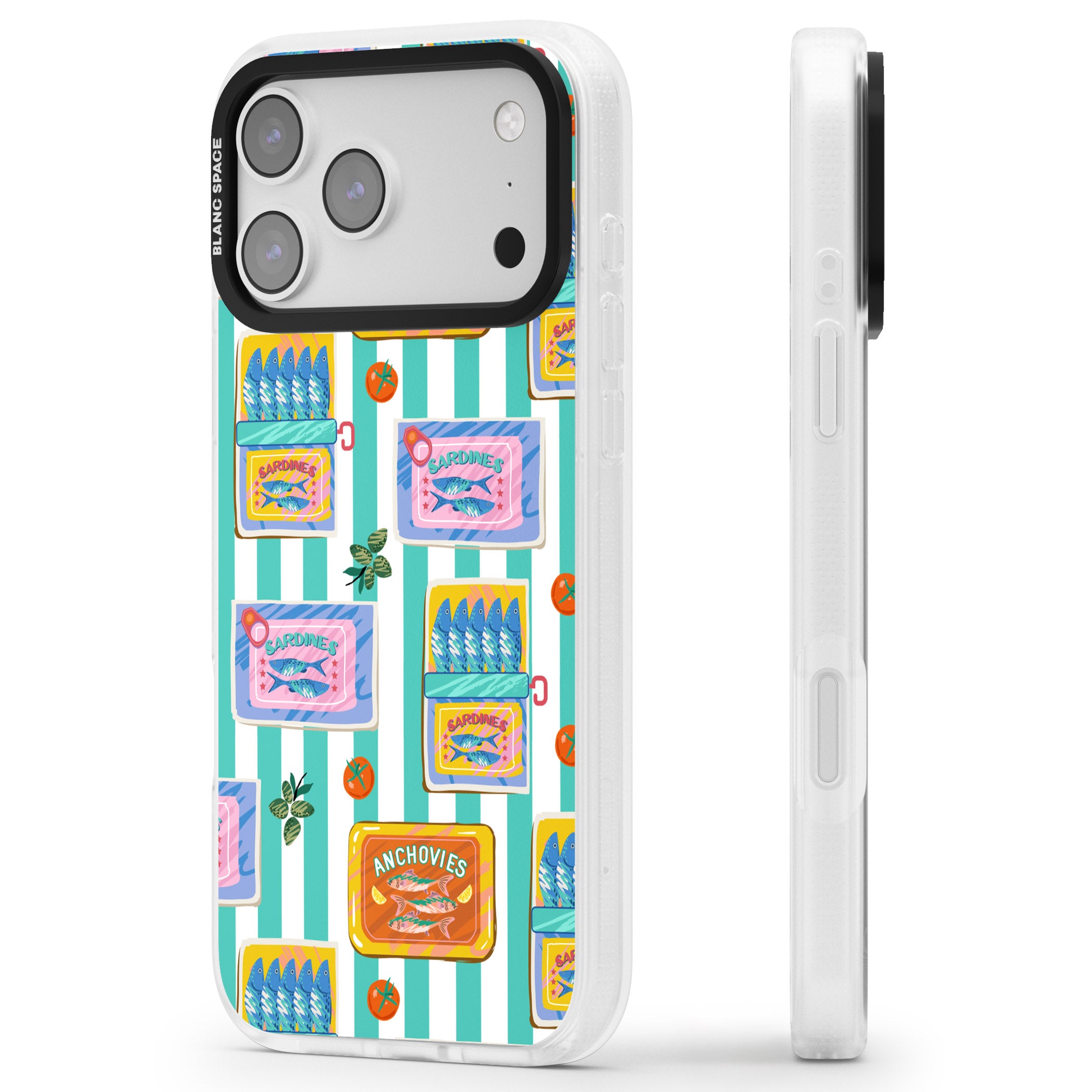 Sardine & Anchovy Stripes iPhone 17 Pro Max Impact Air Clear Phone Case Side Profile