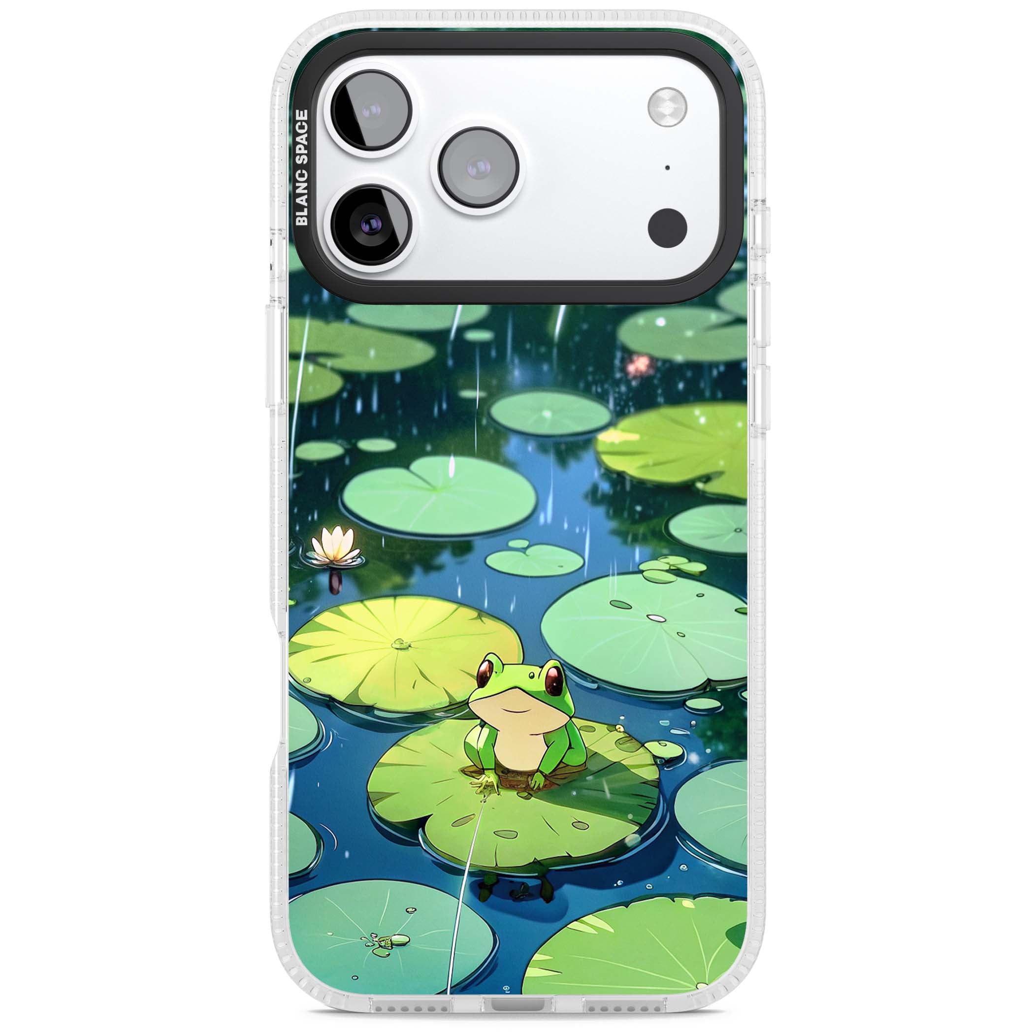 Frog In Lily Pond cottagecore iPhone case featuring a cute green frog on a lily pad with falling rain and a lotus flower | Clear Case Impact Air case for iPhone 17 Pro, iPhone 17 Pro Max