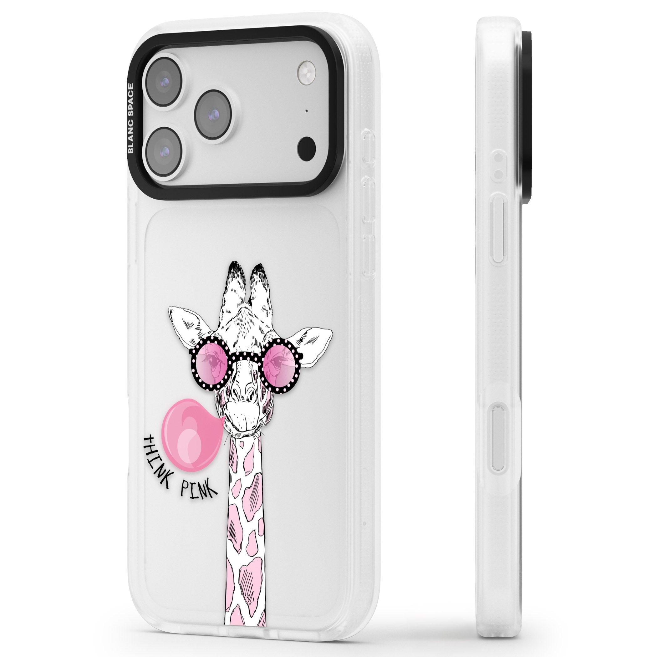 Think Pink Giraffe iPhone 17 Pro Max Impact Air Clear Phone Case Side Profile