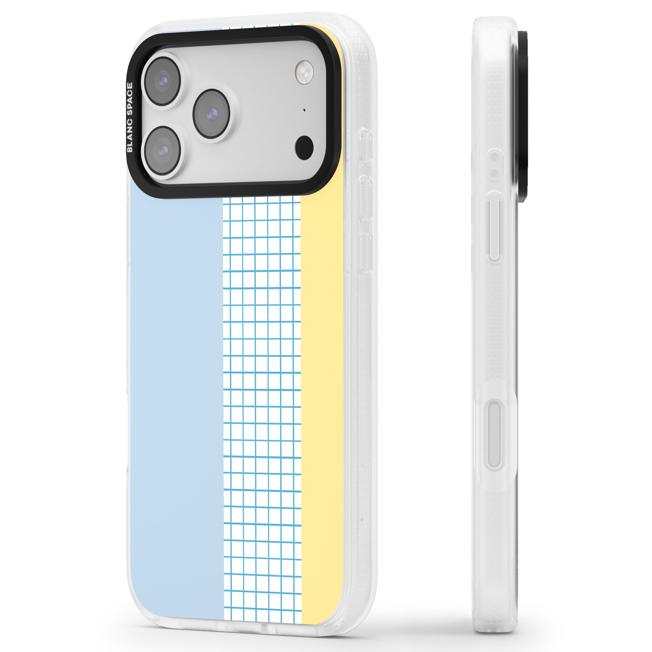Abstract Grid Blue & Yellow iPhone 17 Pro Max Impact Air Clear Phone Case Side Profile