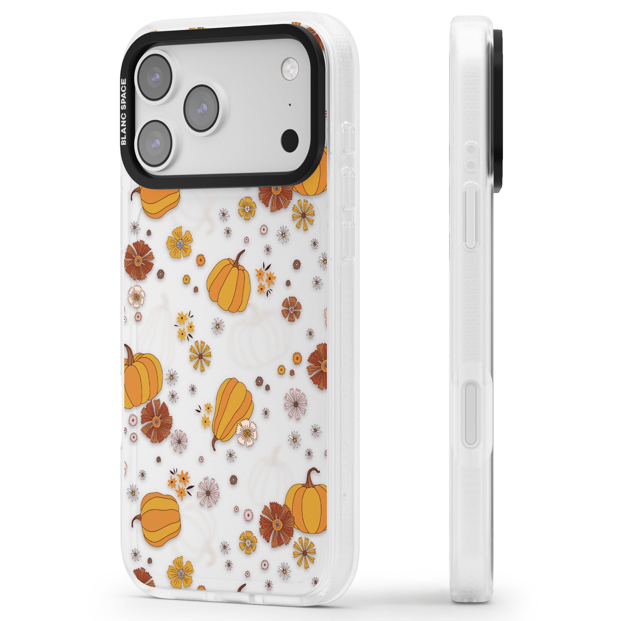 Halloween Pumpkins And Flowers iPhone 17 Pro Max Impact Air Clear Phone Case Side Profile