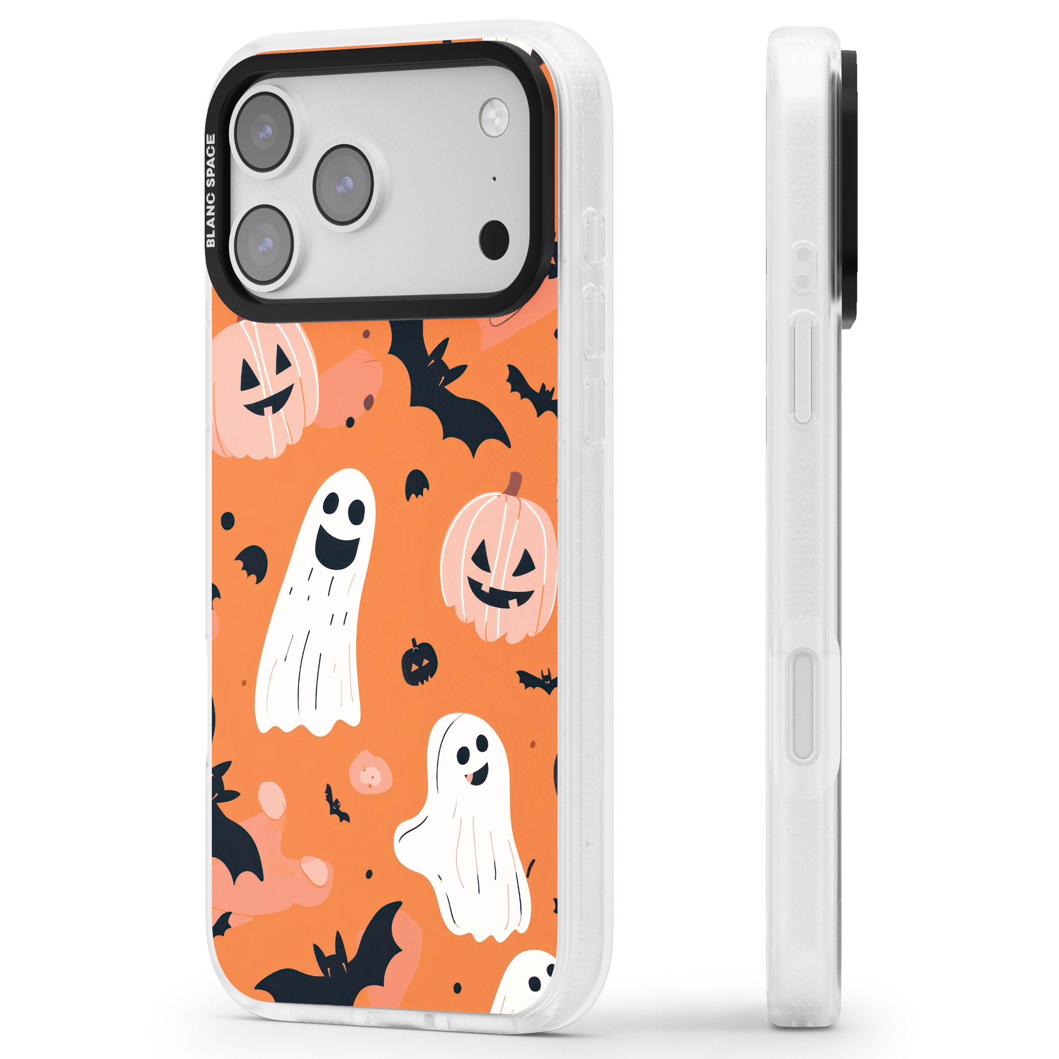 Orange Halloween Pattern iPhone 17 Pro Max Impact Air Clear Phone Case Side Profile