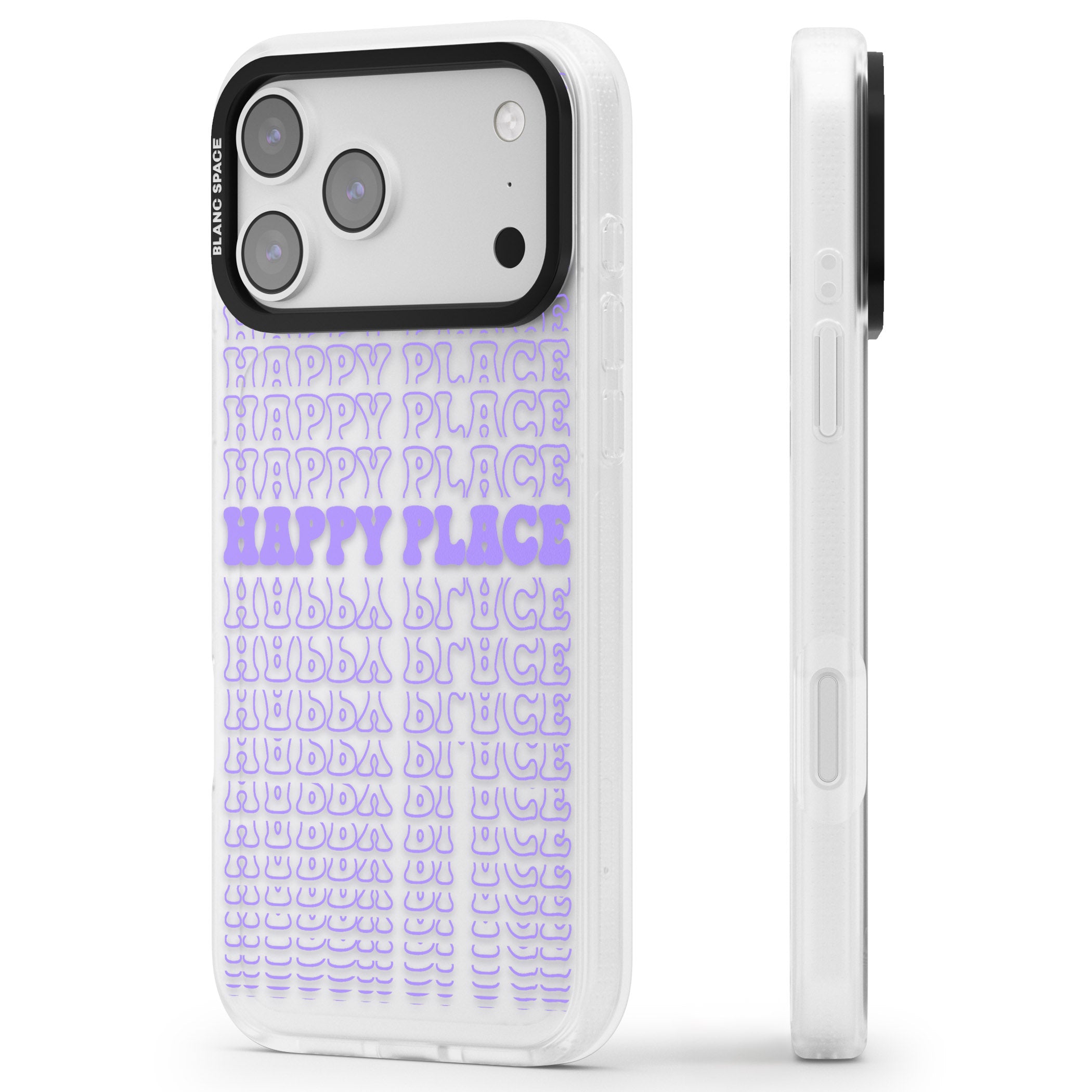 Happy Place (Purple) iPhone 17 Pro Max Impact Air Clear Phone Case Side Profile