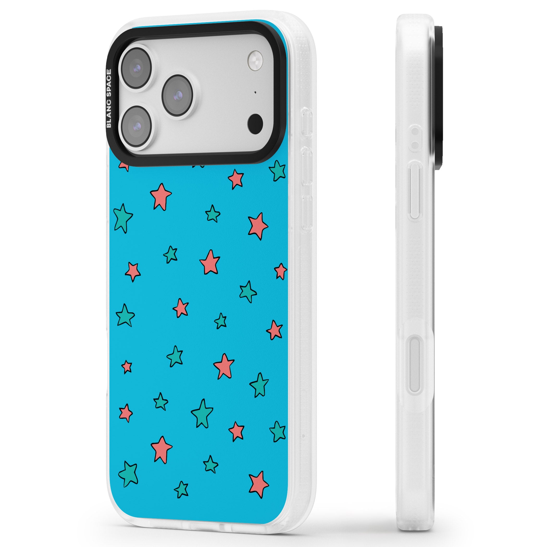 Blue Heartstopper Stars Pattern iPhone 17 Pro Impact Air Clear Phone Case Side Profile