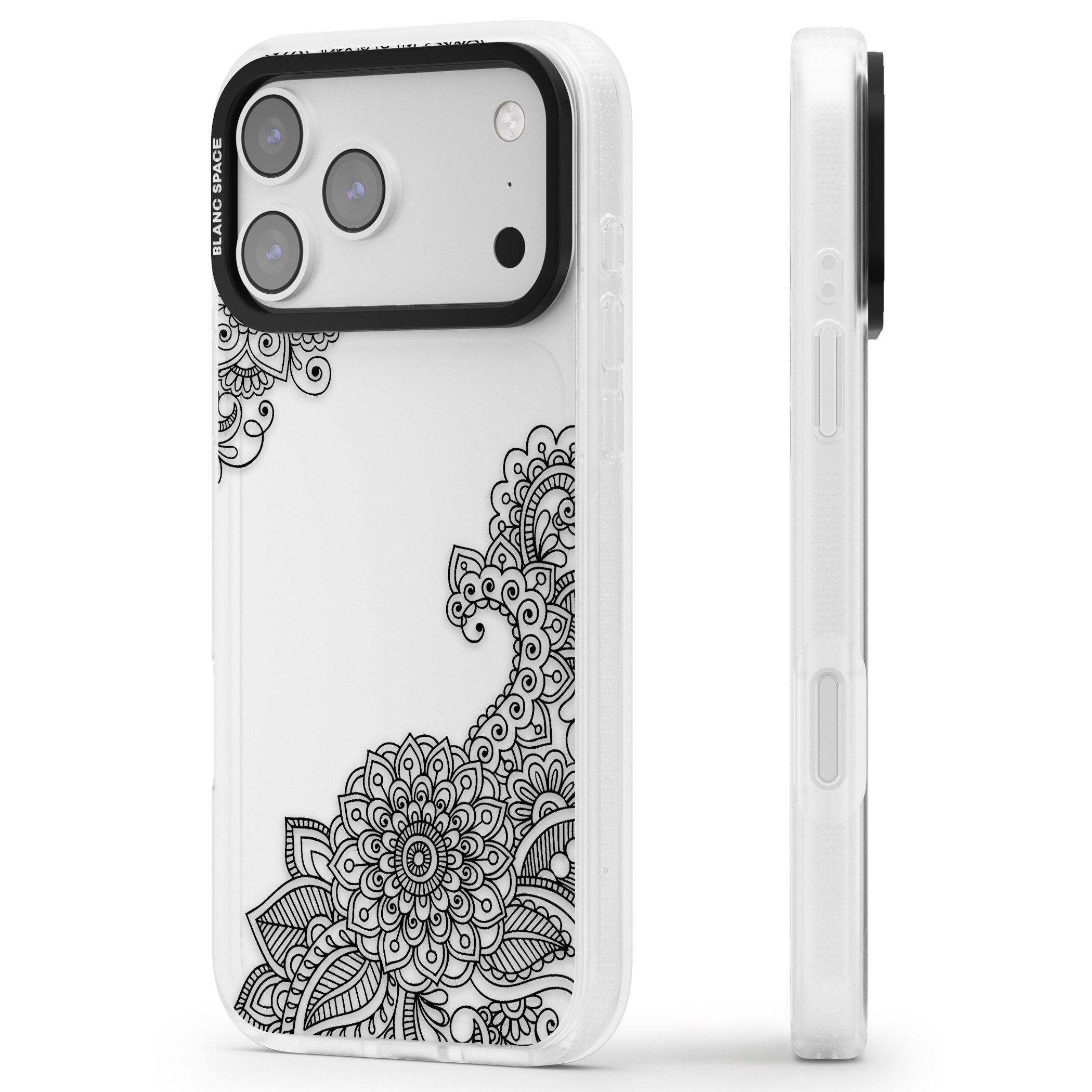 Black Henna Botanicals iPhone 17 Pro Max Impact Air Clear Phone Case Side Profile