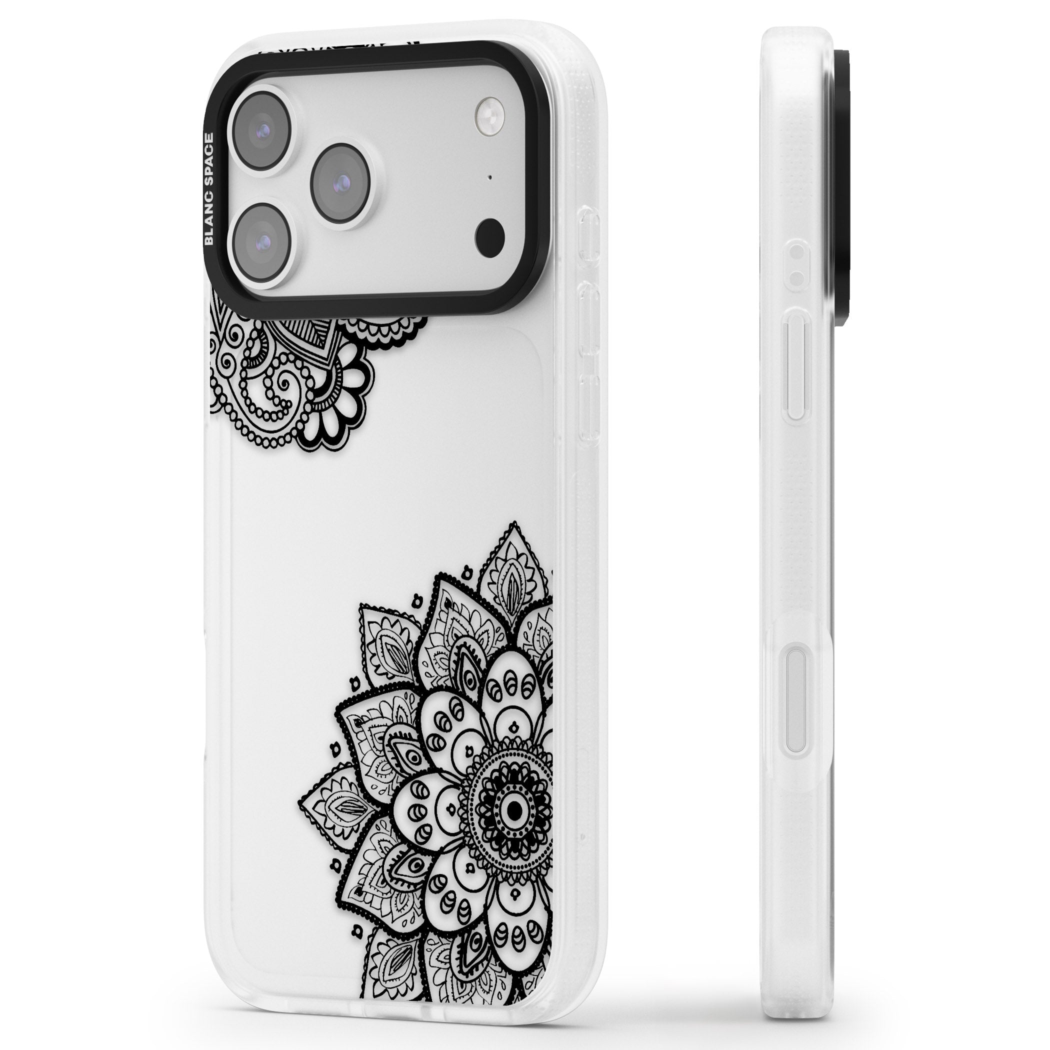 Black Henna Florals iPhone 17 Pro Max Impact Air Clear Phone Case Side Profile