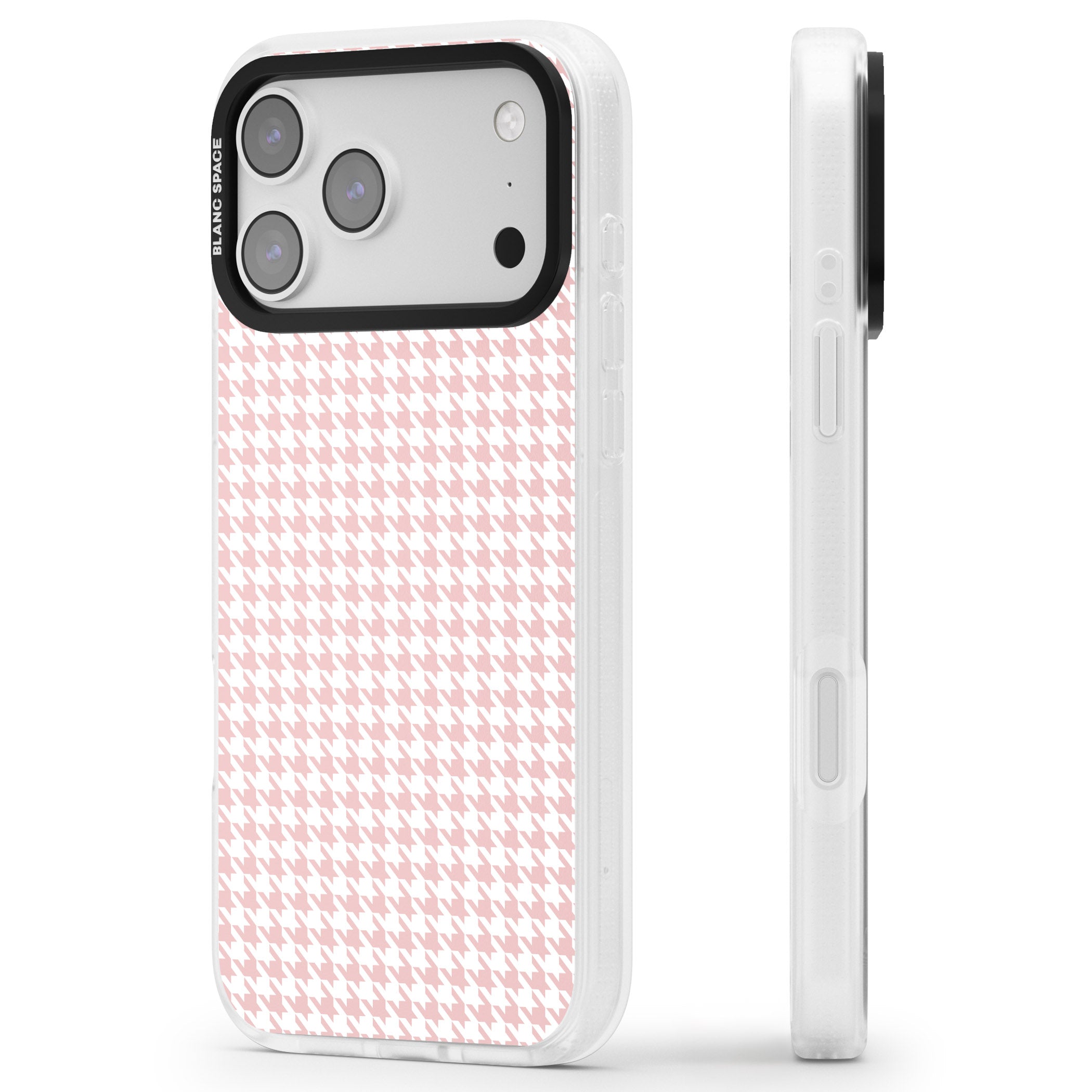Pink Houndstooth Pattern iPhone 17 Pro Max Impact Air Clear Phone Case Side Profile