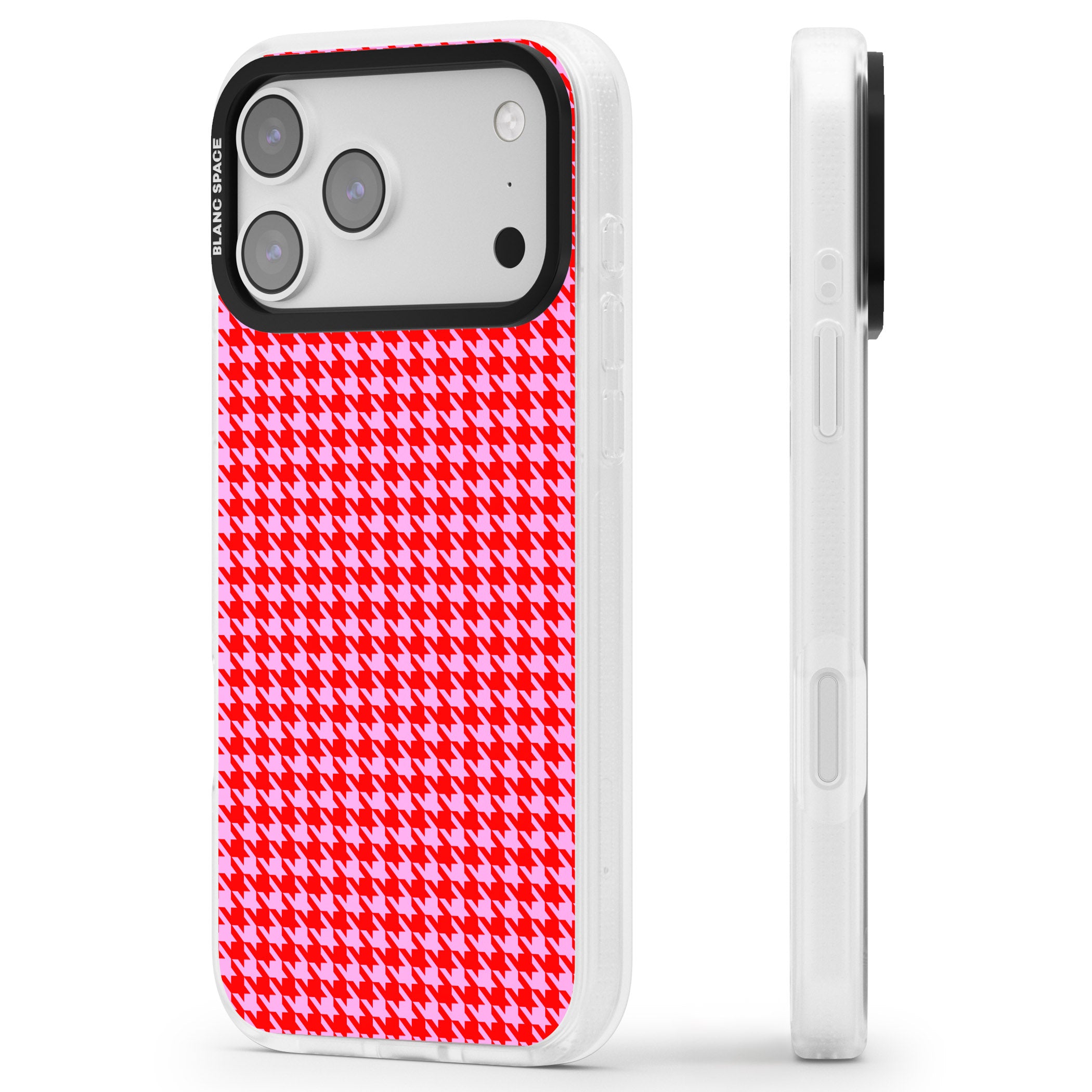 Neon Pink & Red Houndstooth iPhone 17 Pro Max Impact Air Clear Phone Case Side Profile