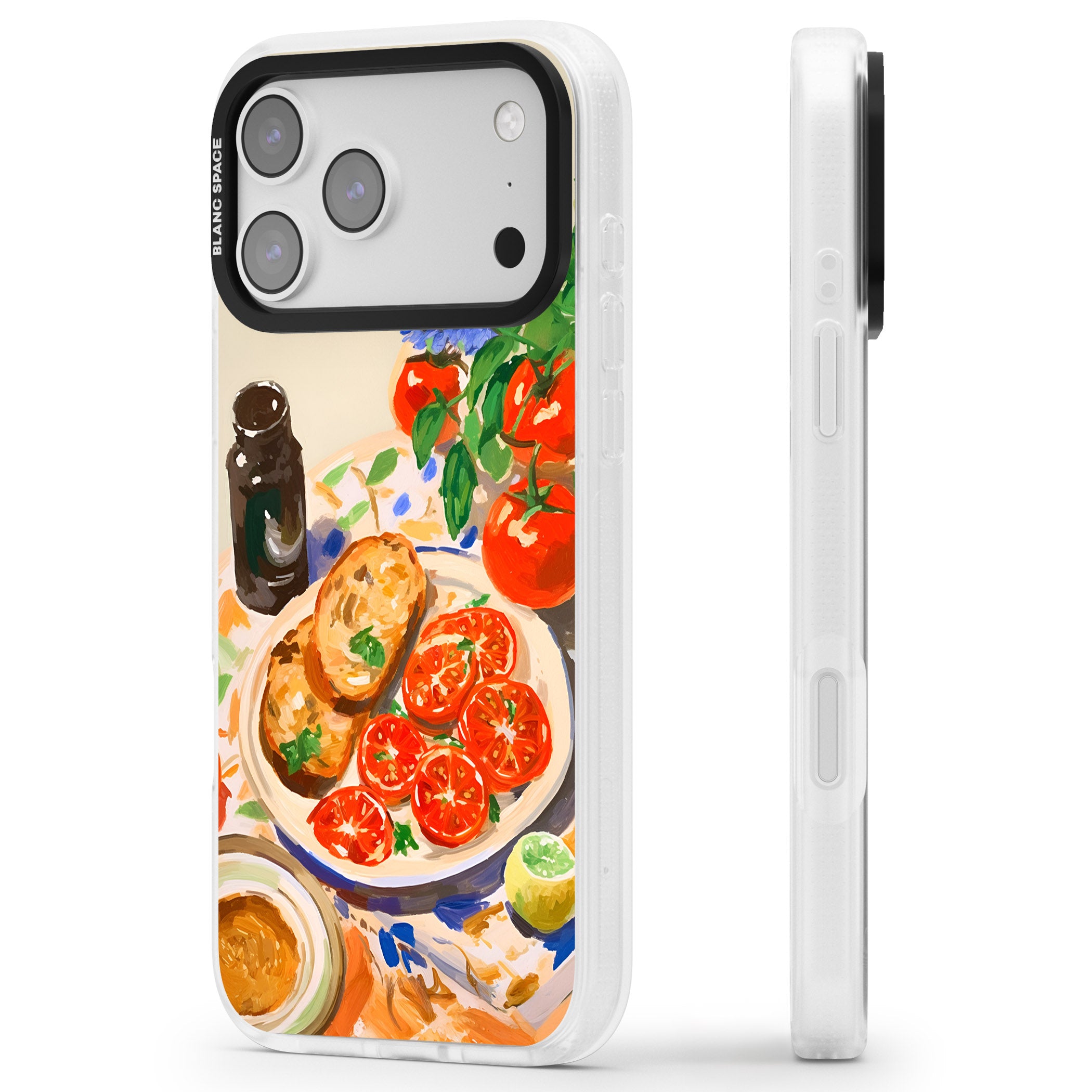 Bruschetta & Tomatoes iPhone 17 Pro Max Impact Air Clear Phone Case Side Profile