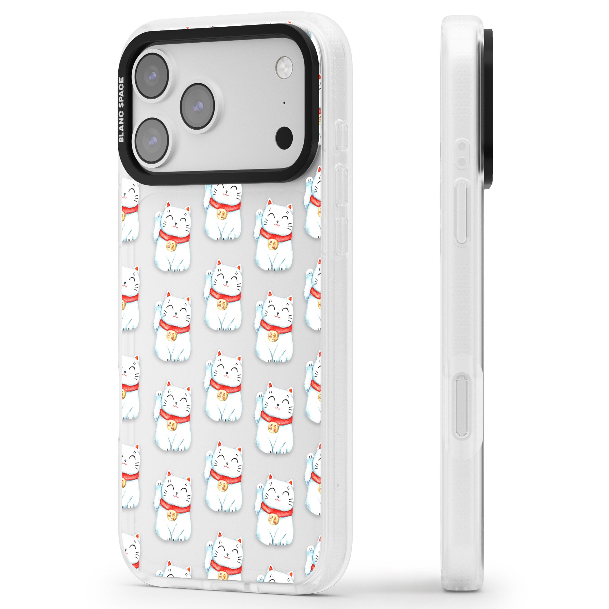Lucky Cat Pattern iPhone 17 Pro Max Impact Air Clear Phone Case Side Profile