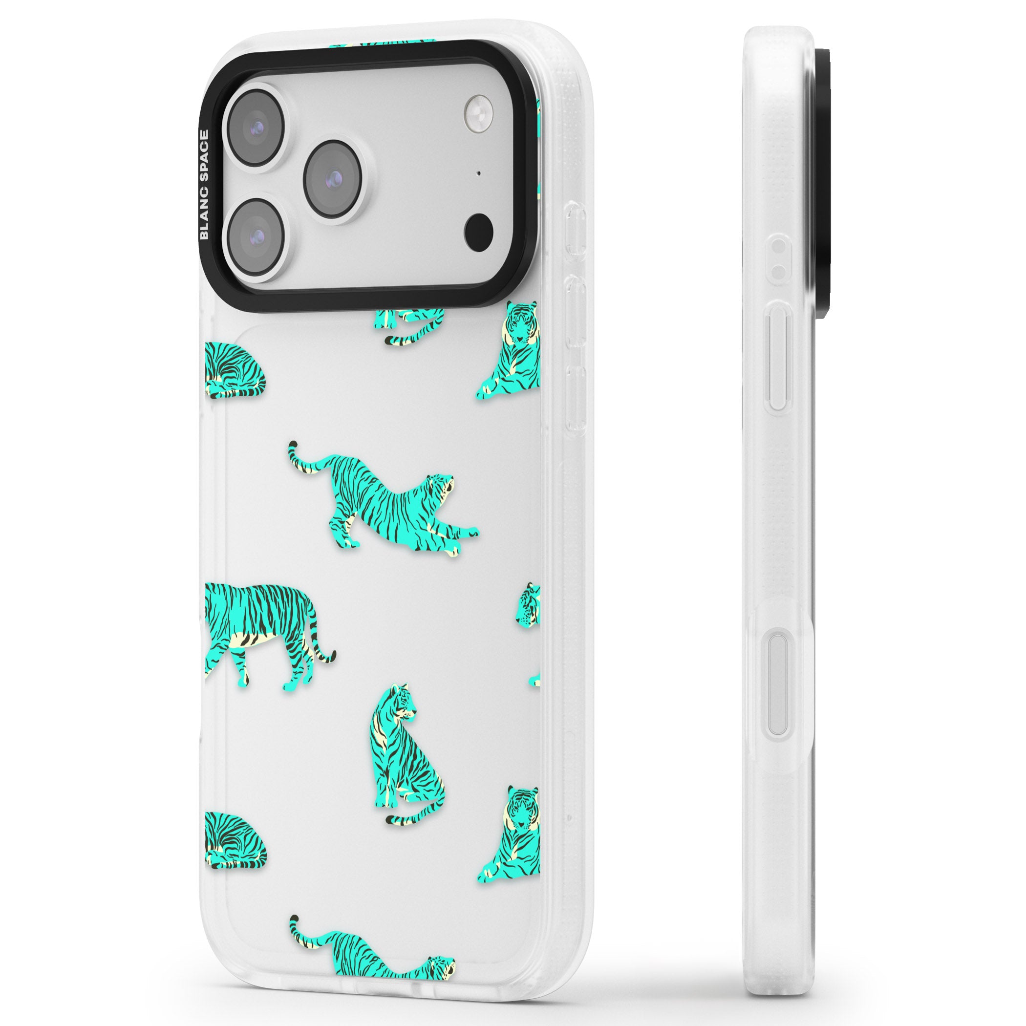 Turquoise Tiger iPhone 17 Pro Impact Air Clear Phone Case Side Profile