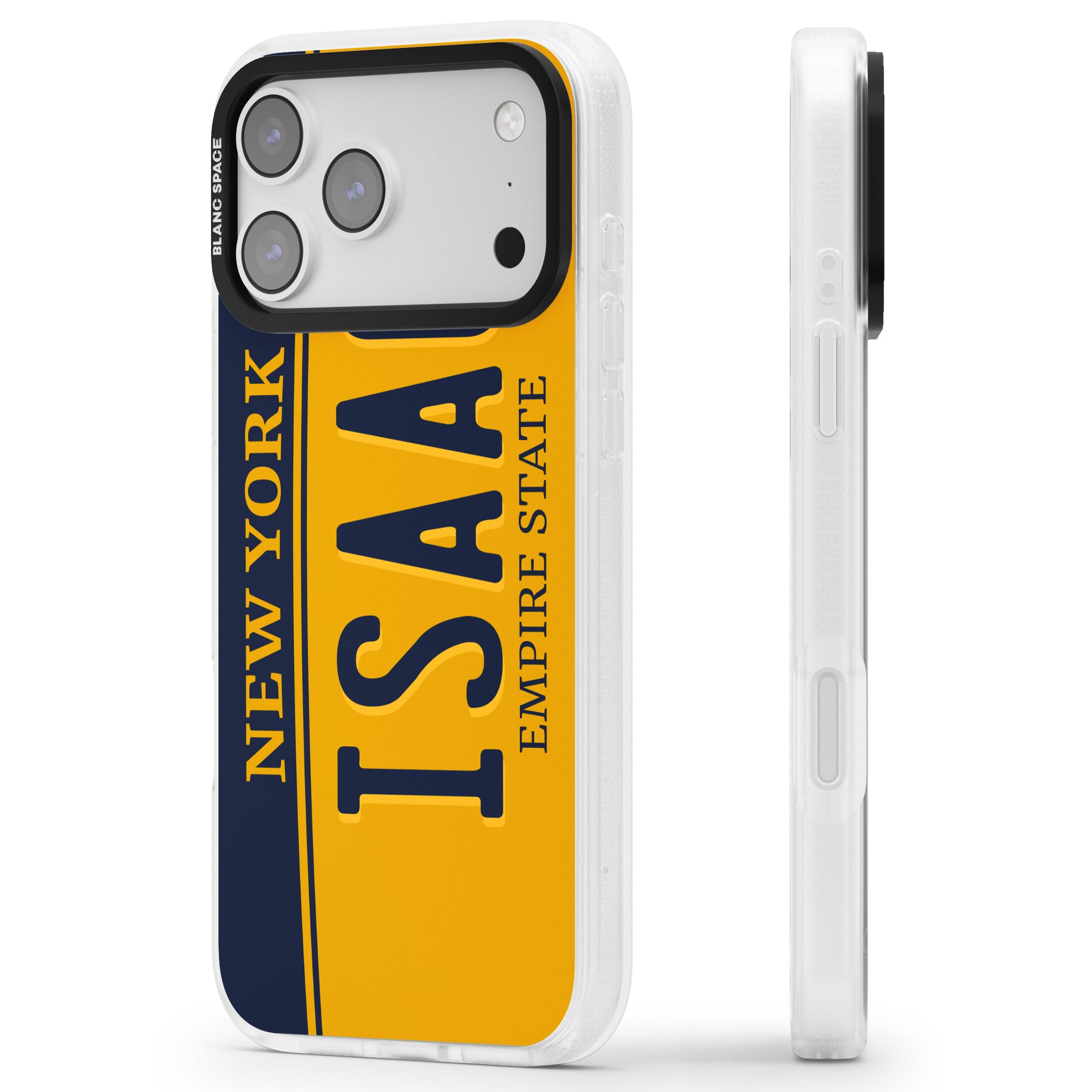 Personalised New York License Plate iPhone 17 Pro Max Impact Air Clear Phone Case Side Profile