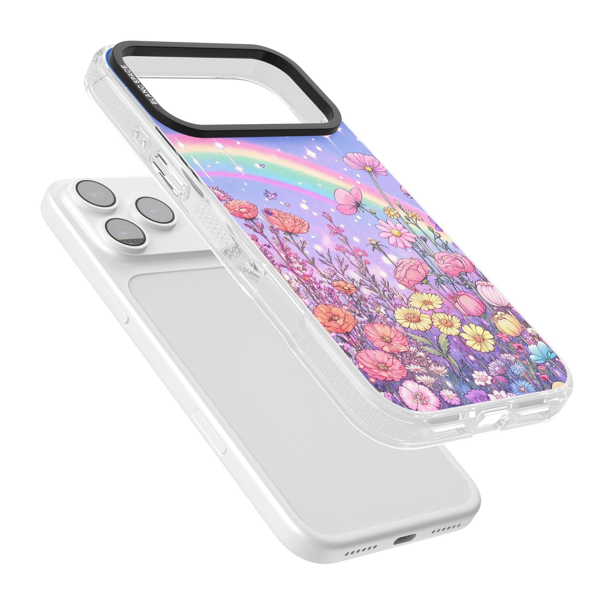 Magical Meadow fairycore iPhone case featuring a pastel rainbow, sparkling stars and a wildflower meadow | Clear Case Impact Air case for iPhone 17 Pro, iPhone 17 Pro Max