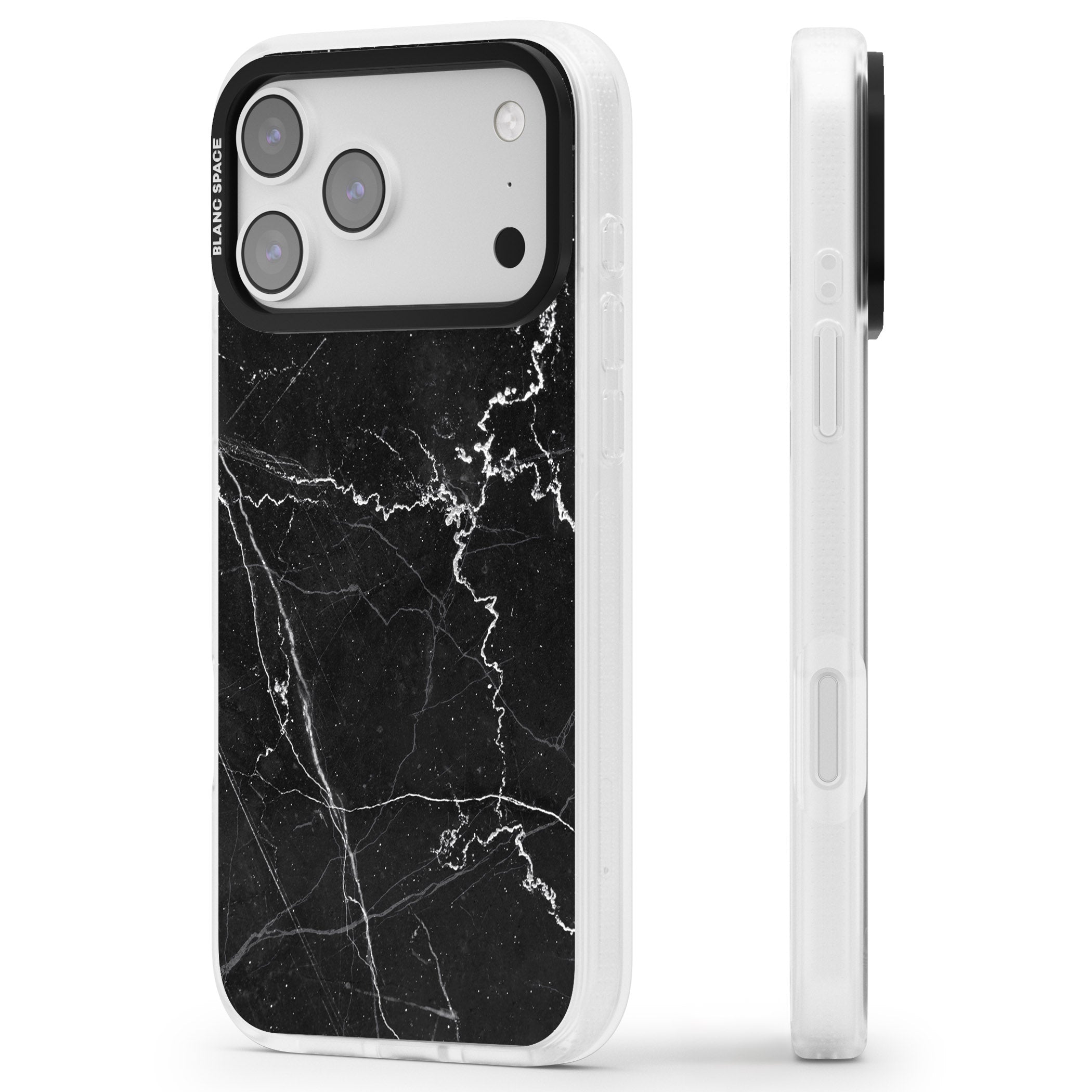 Bold Black Marble With White Texture iPhone 17 Pro Max Impact Air Clear Phone Case Side Profile