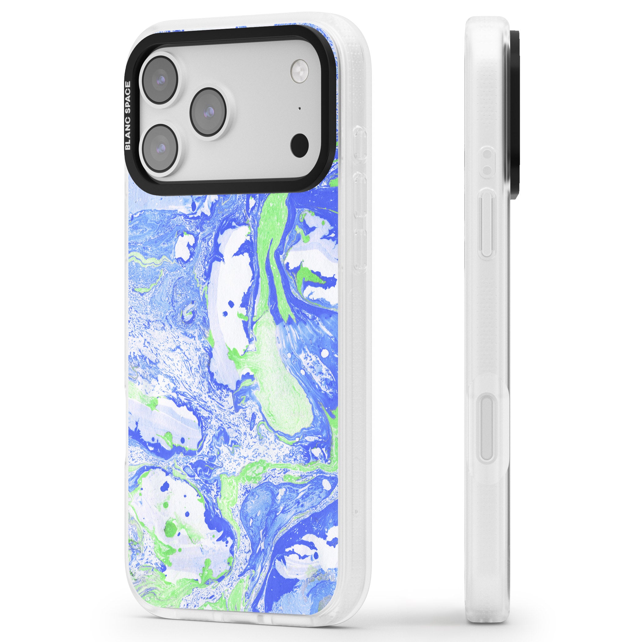Dark Blue & Green Marbled Paper Pattern iPhone 17 Pro Max Impact Air Clear Phone Case Side Profile
