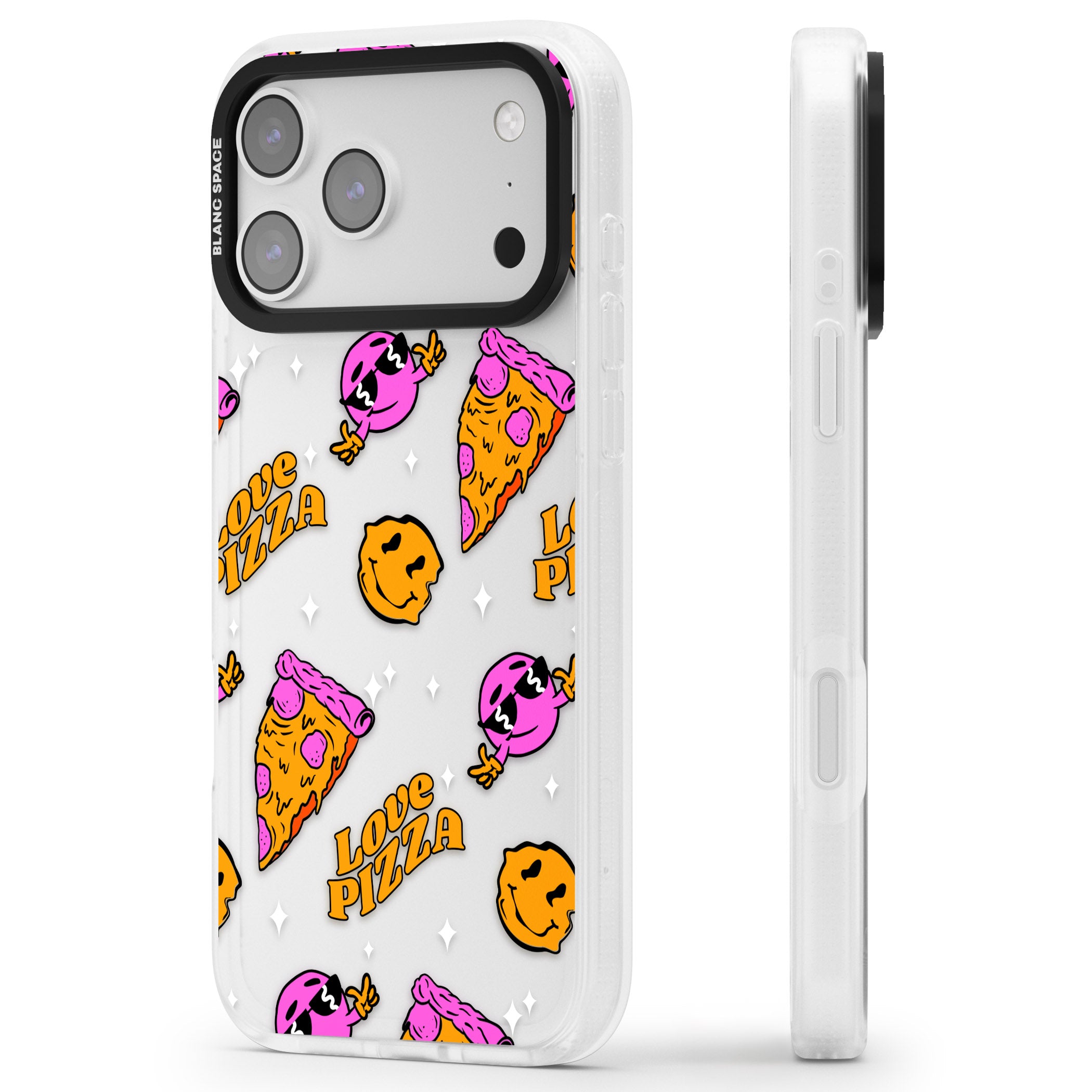 Psychedelic Love Pizza Pattern (Clear) iPhone 17 Pro Max Impact Air Clear Phone Case Side Profile
