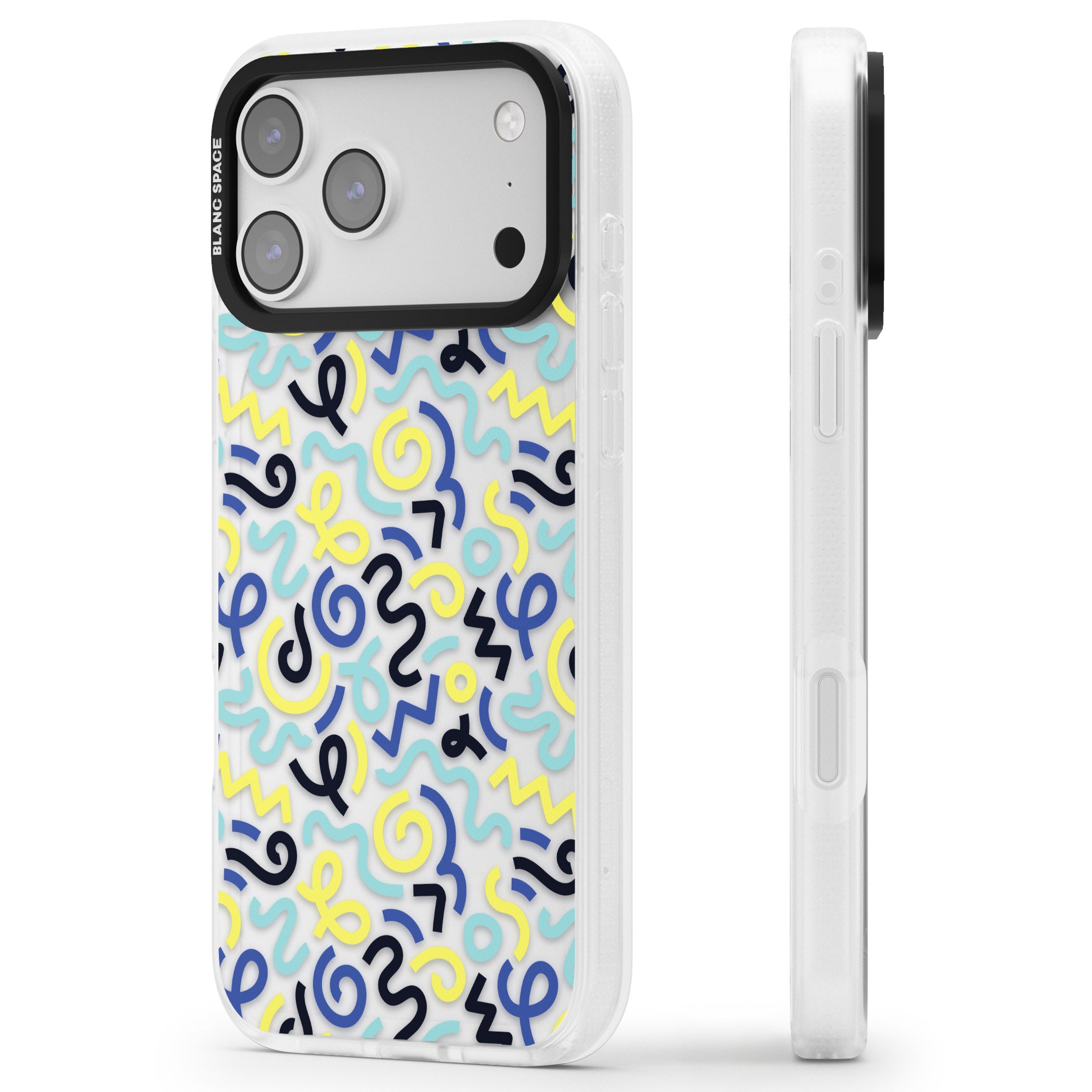 Blue & Yellow Memphis Retro iPhone 17 Pro Max Impact Air Clear Phone Case Side Profile