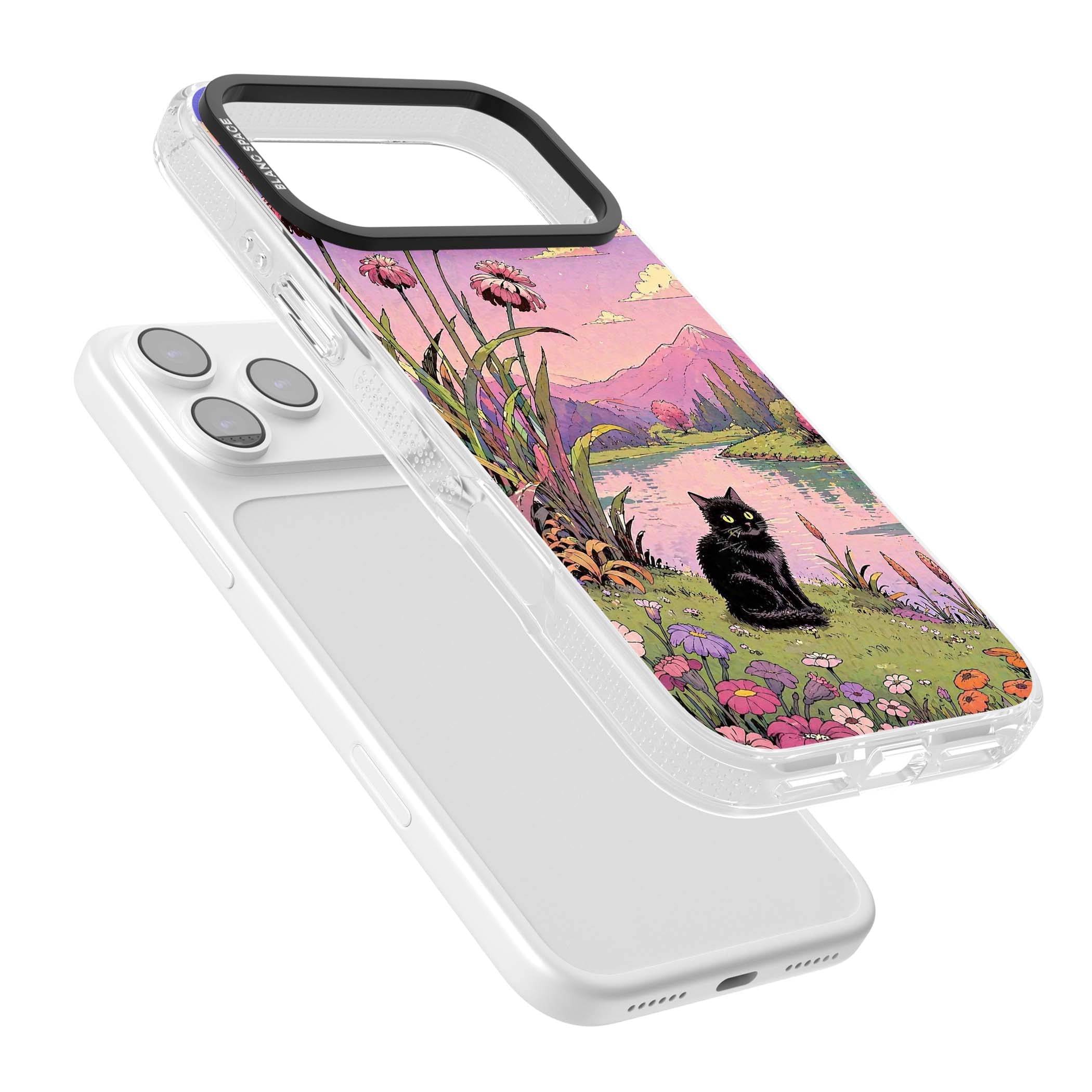 Mystic Whiskers ghibli iPhone case featuring a black cat by a pastel lake, wildflowers and a starry sunset sky | Clear Case Impact Air case for iPhone 17 Pro, iPhone 17 Pro Max
