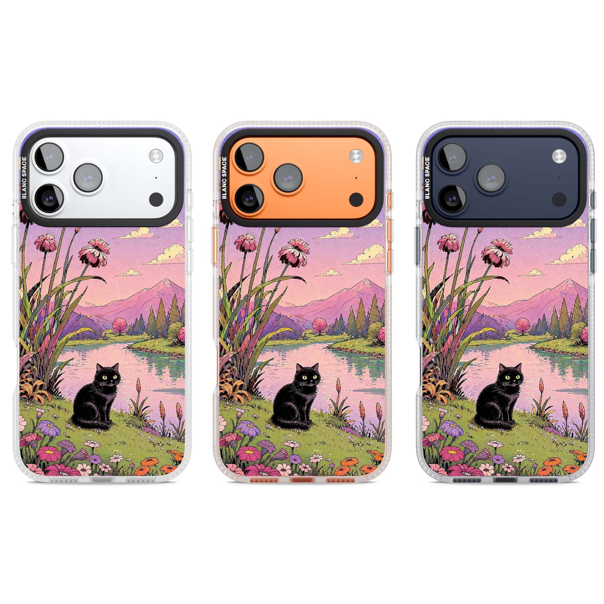 Mystic Whiskers ghibli iPhone case featuring a black cat by a pastel lake, wildflowers and a starry sunset sky | Clear Case Impact Air case for iPhone 17 Pro, iPhone 17 Pro Max