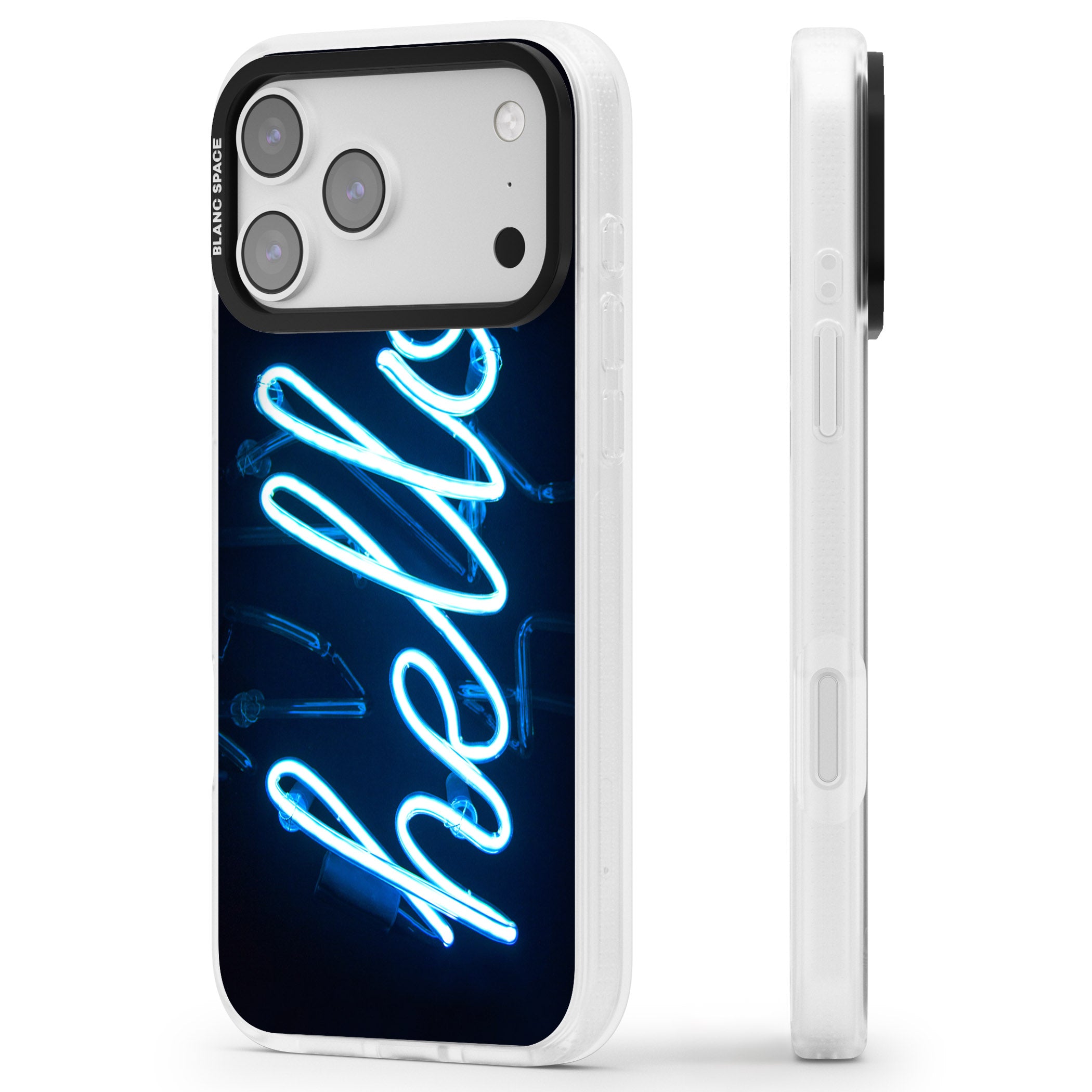 Hello Neon Sign iPhone 17 Pro Max Impact Air Clear Phone Case Side Profile