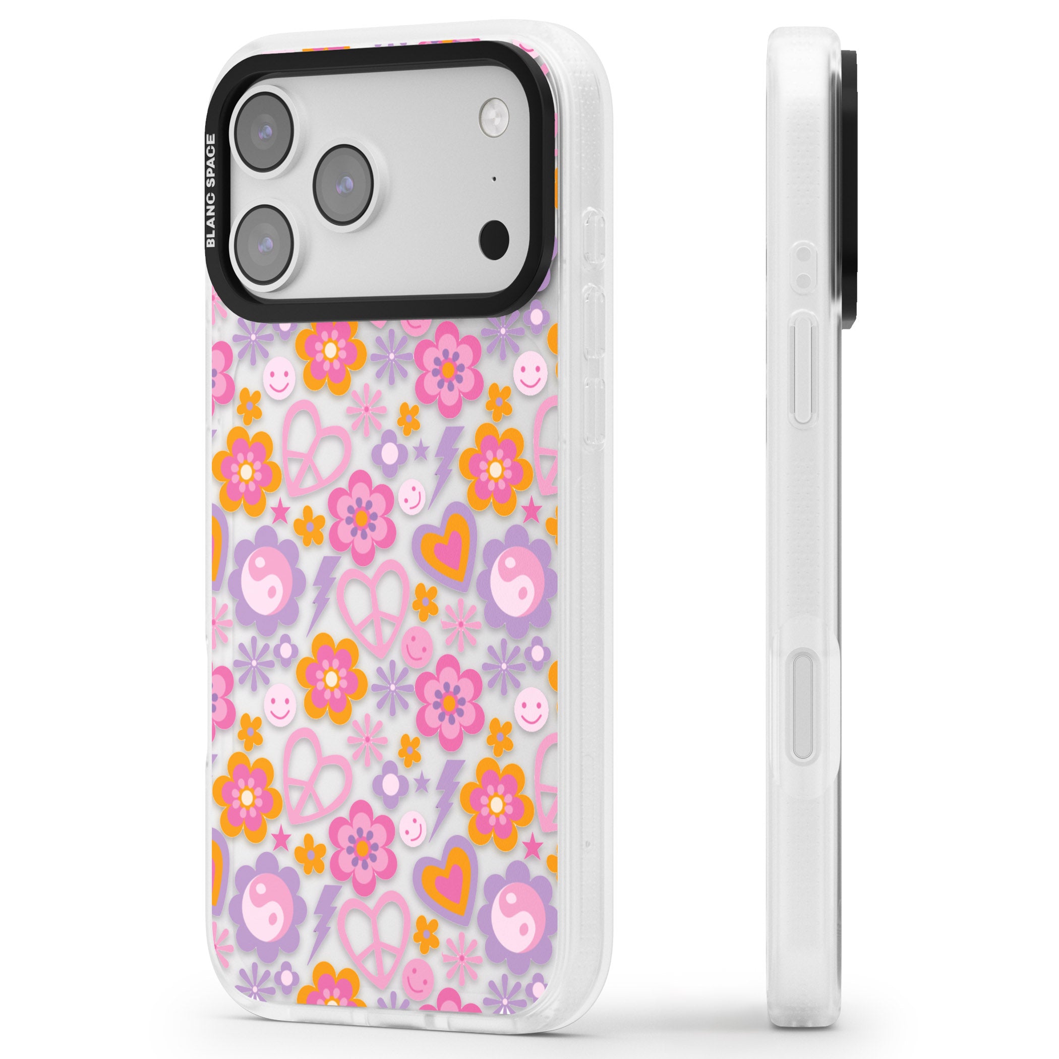 Peace, Love And Flowers Pattern iPhone 17 Pro Max Impact Air Clear Phone Case Side Profile