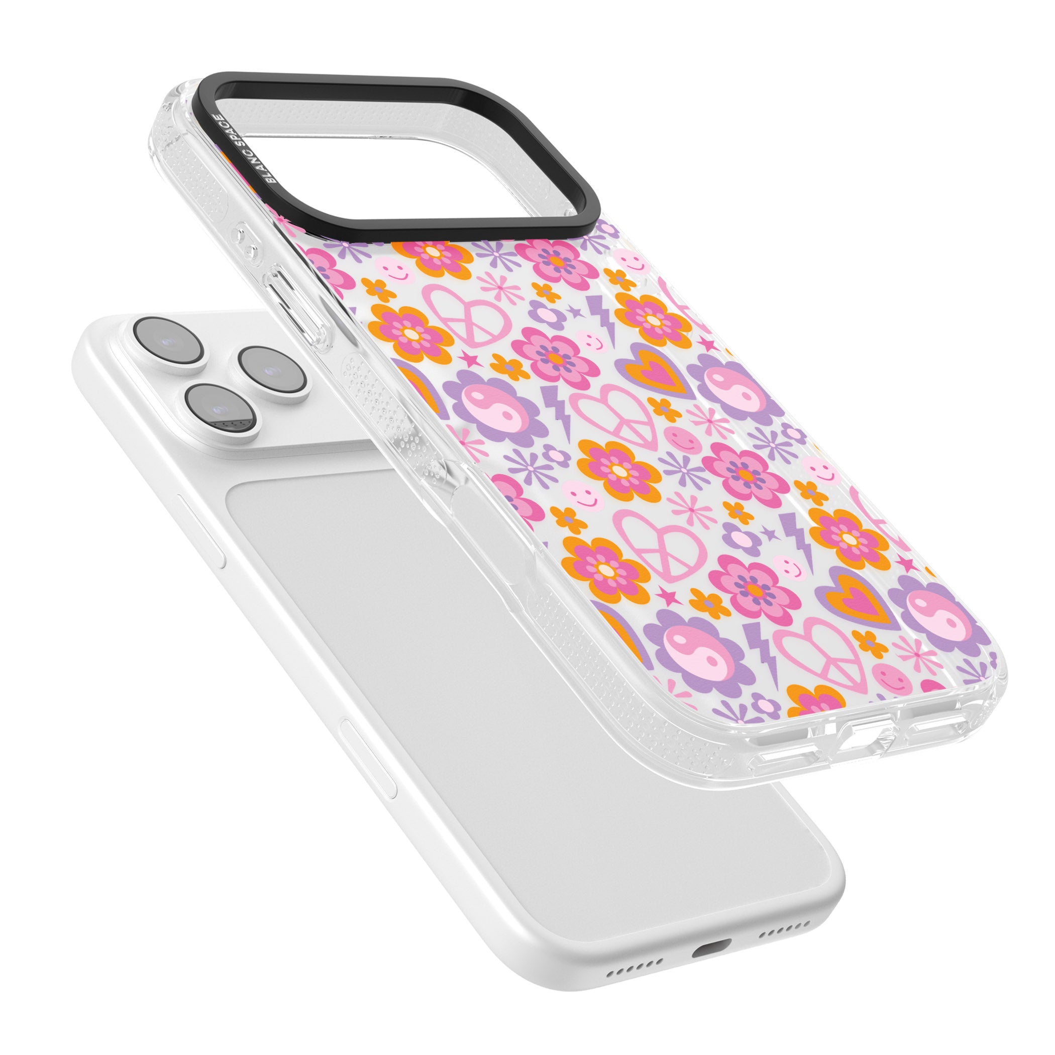 Peace, Love And Flowers Pattern iPhone 17 Pro Max Impact Air Clear Phone Case Colours