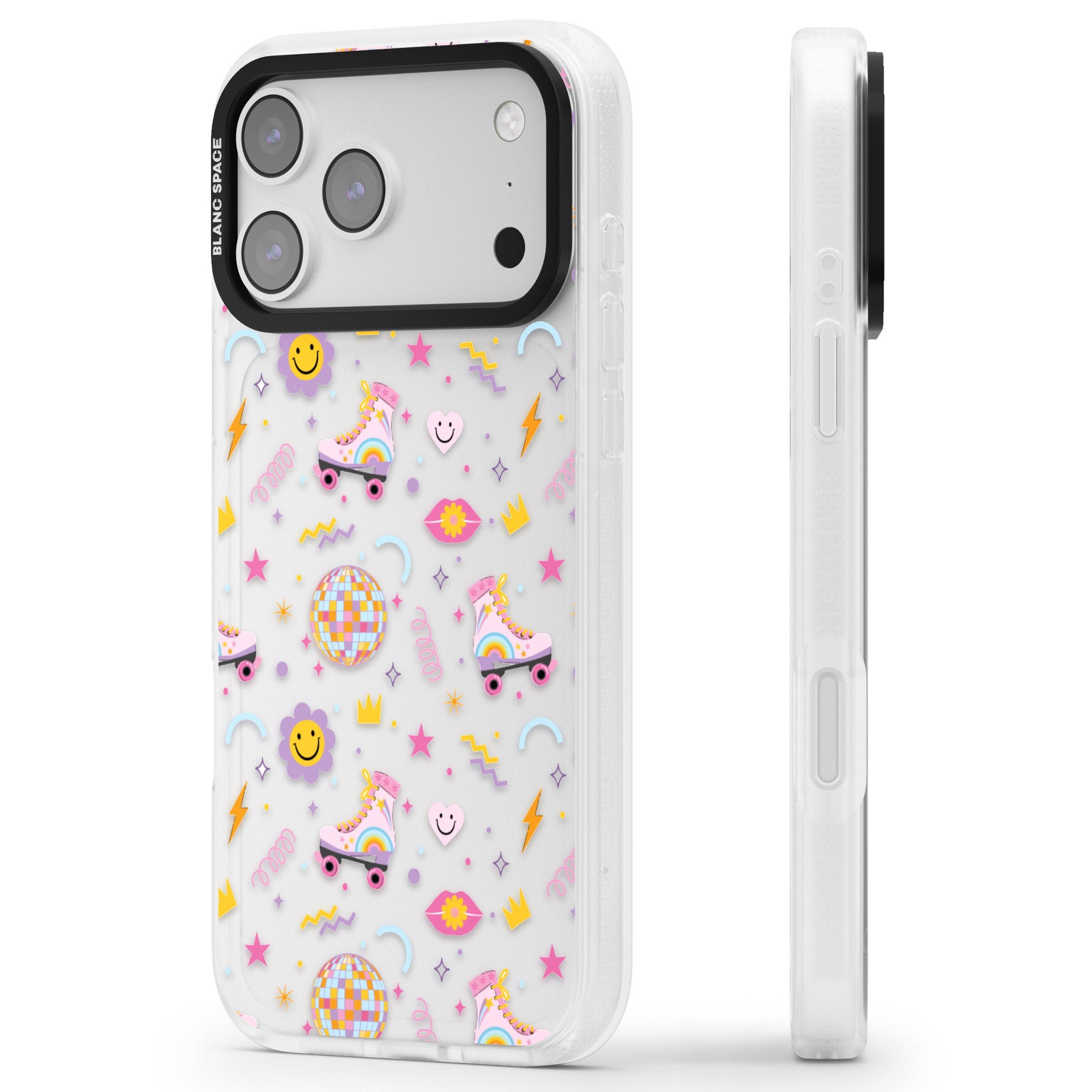 Roller Disco Pattern iPhone 17 Pro Max Impact Air Clear Phone Case Side Profile