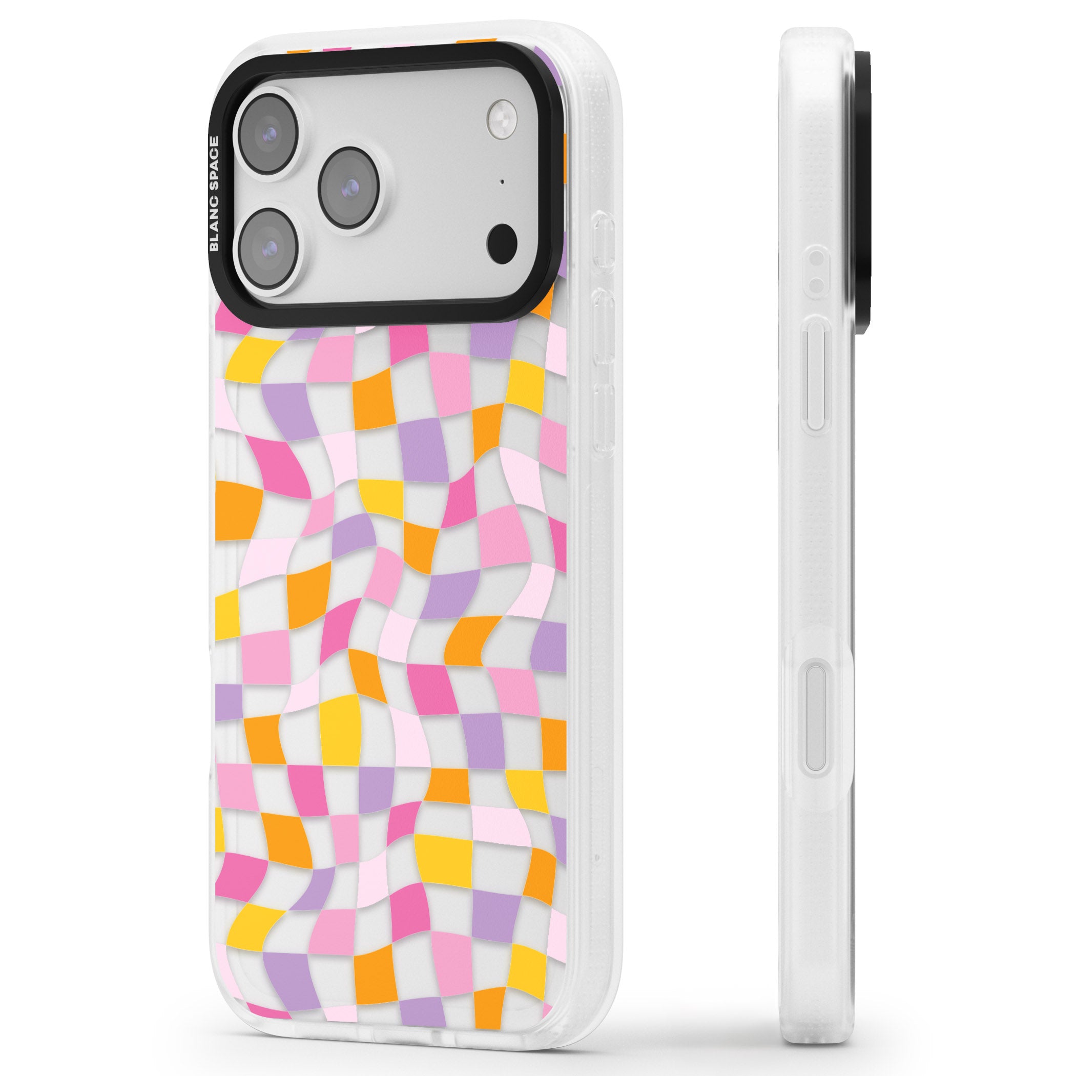 Wonky Squares Pattern iPhone 17 Pro Max Impact Air Clear Phone Case Side Profile