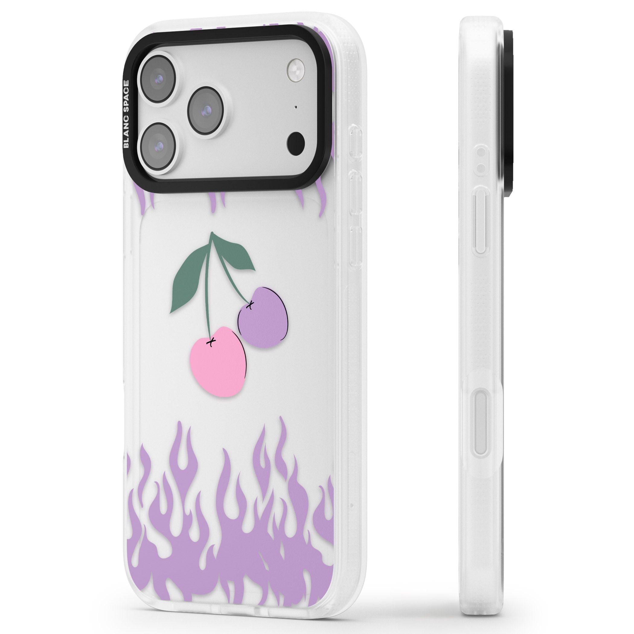 Cherries N' Flames iPhone 17 Pro Max Impact Air Clear Phone Case Side Profile
