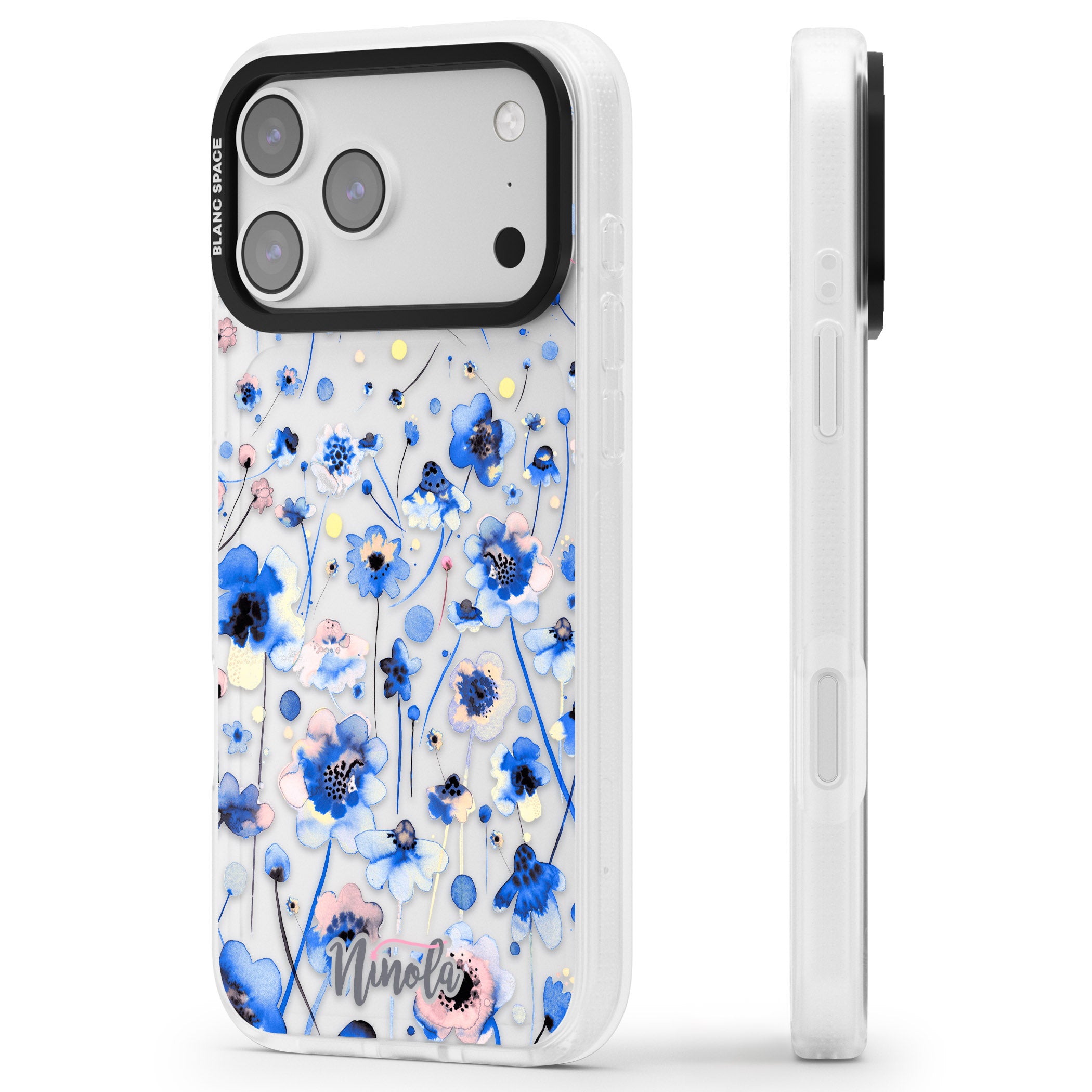 Ink Flowers Blue iPhone 17 Pro Max Impact Air Clear Phone Case Side Profile