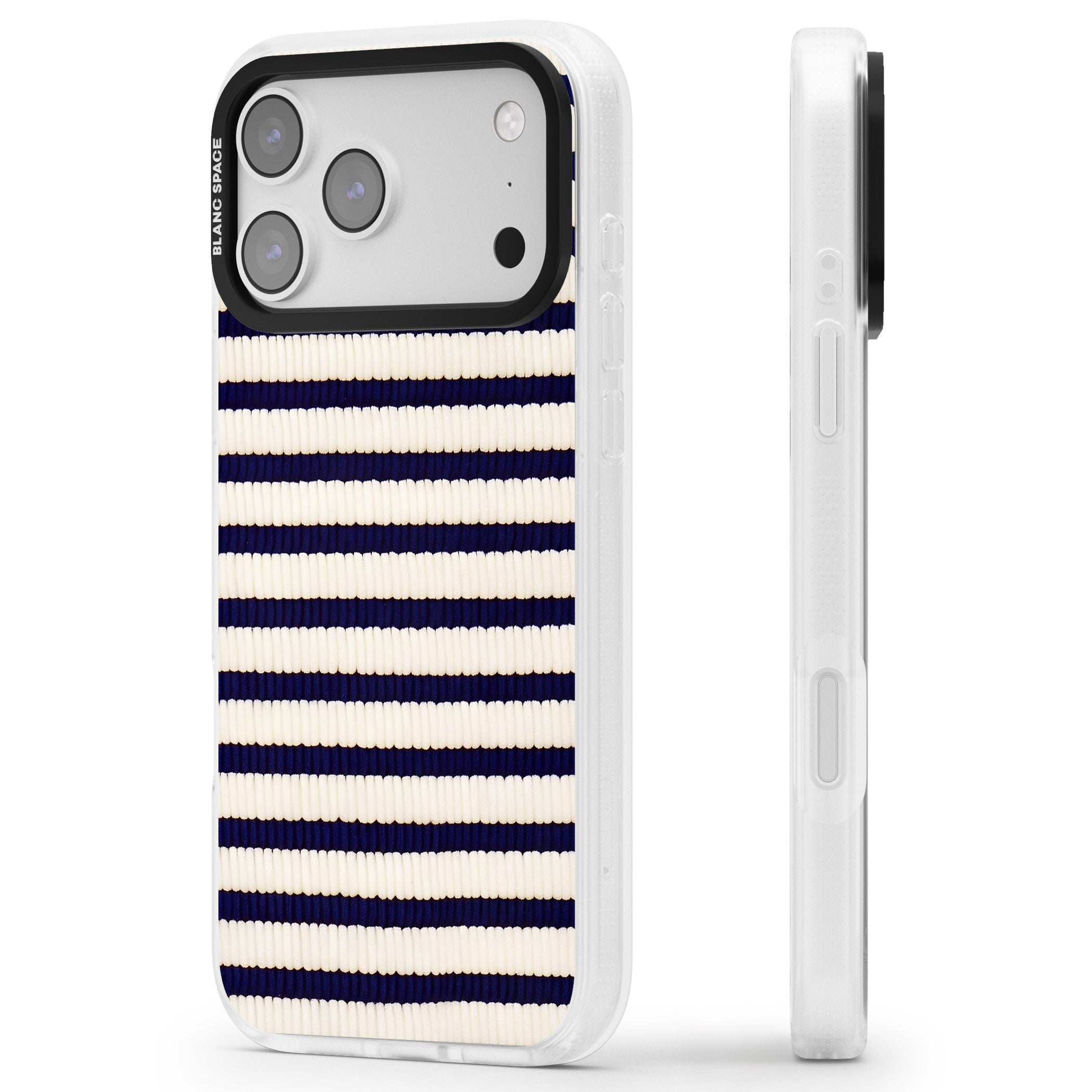 Navy & Cream Stripes iPhone 17 Pro Max Impact Air Clear Phone Case Side Profile