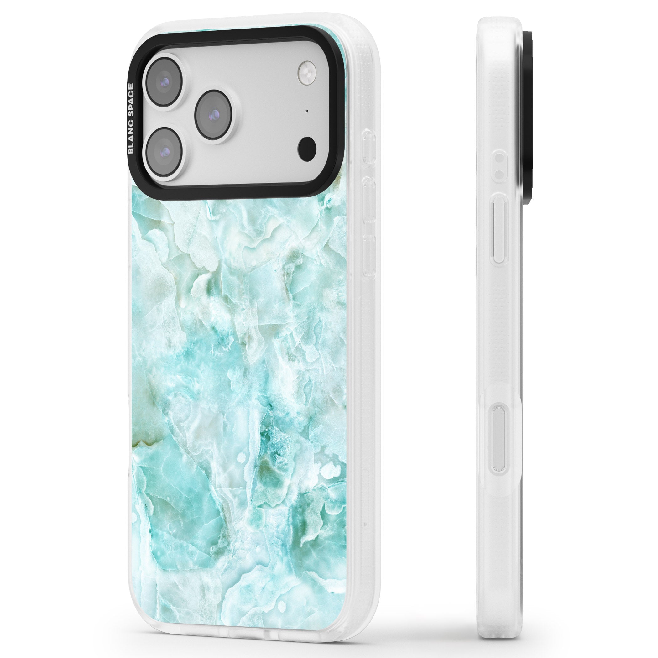 Aqua Onyx Marble iPhone 17 Pro Max Impact Air Clear Phone Case Side Profile