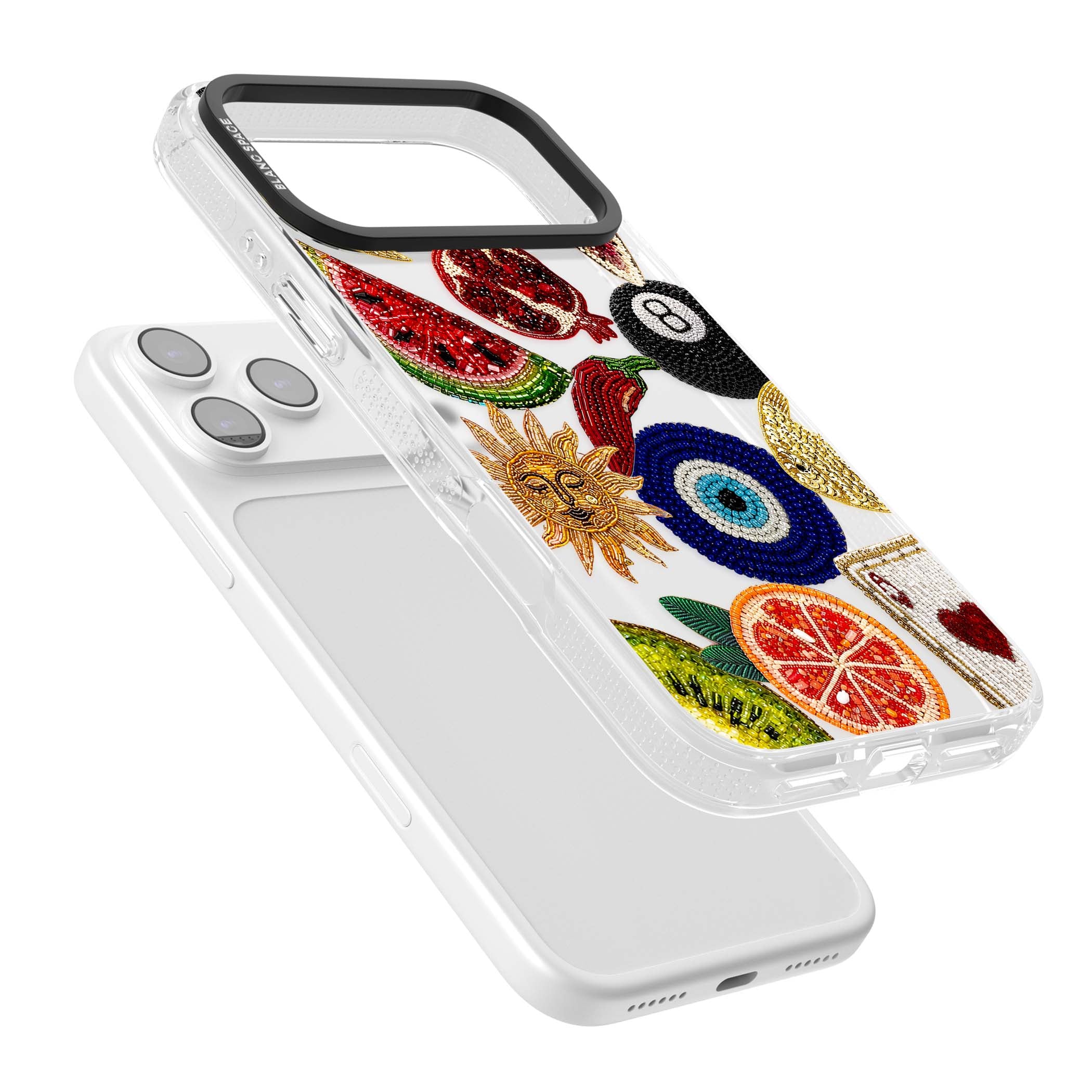 Beaded Charms embroidery iPhone case featuring beaded evil eye, fruit patches and a golden sun motif | Clear Case Impact Air case for iPhone 17 Pro, iPhone 17 Pro Max