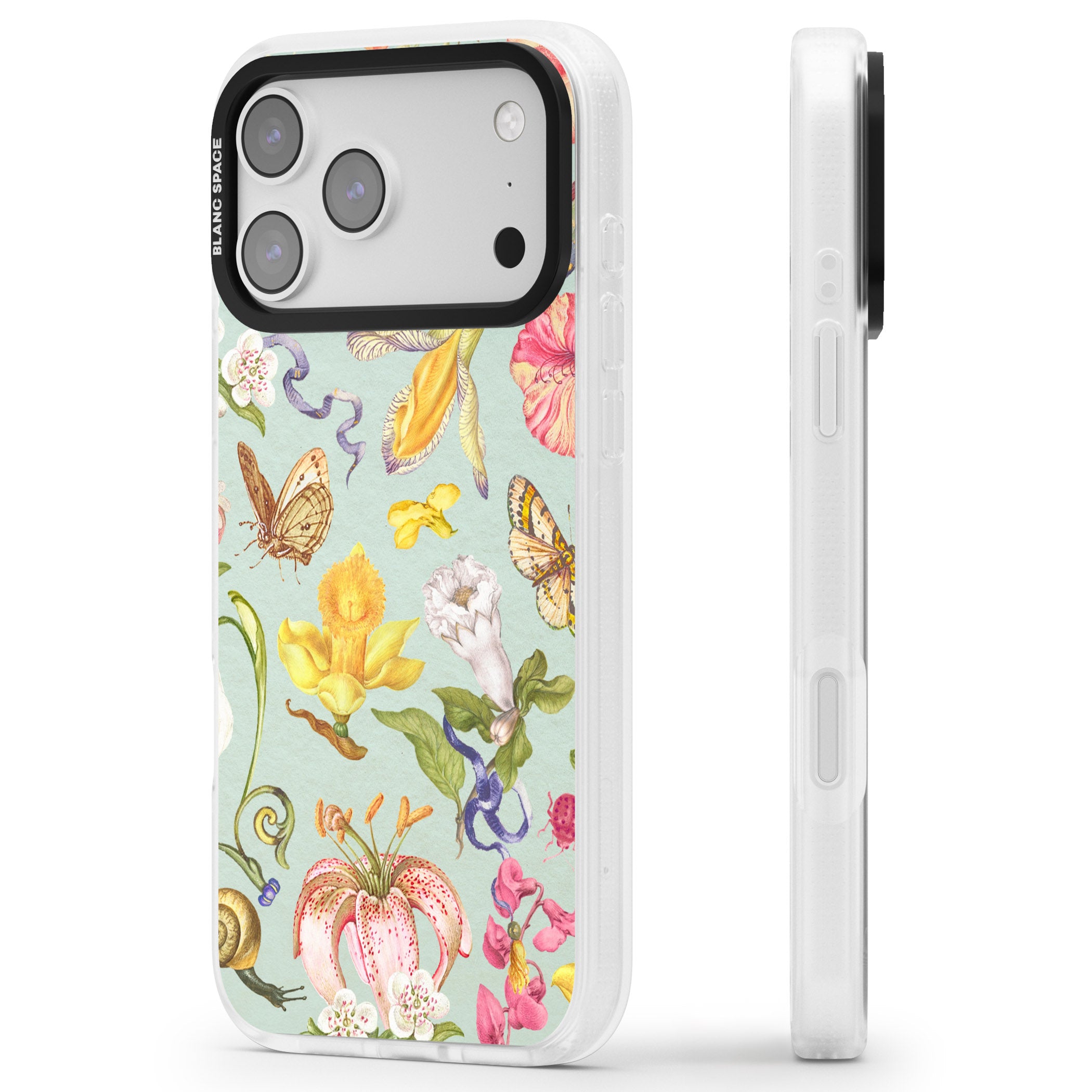 Blue Vintage Painted Flowers iPhone 17 Pro Max Impact Air Clear Phone Case Side Profile