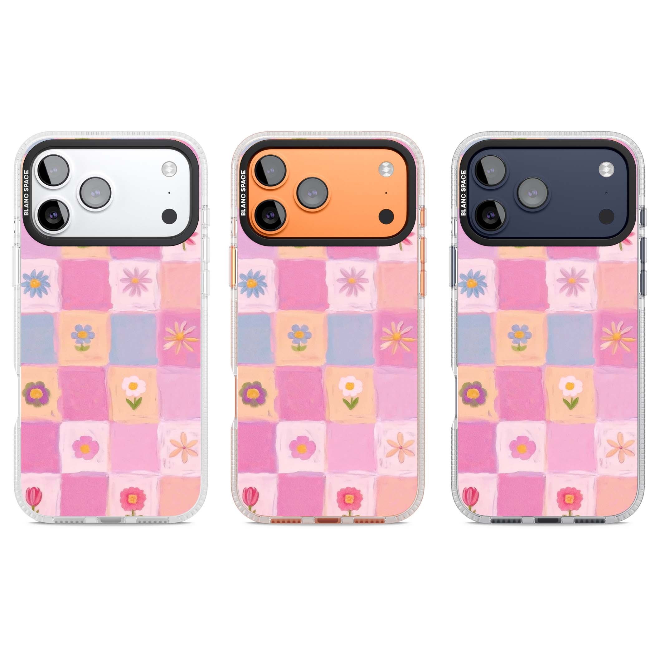 Pastel Flower Patchwork cottagecore iPhone case featuring painted pink and lilac squares with daisies and wildflowers | Clear Case Impact Air case for iPhone 17 Pro, iPhone 17 Pro Max