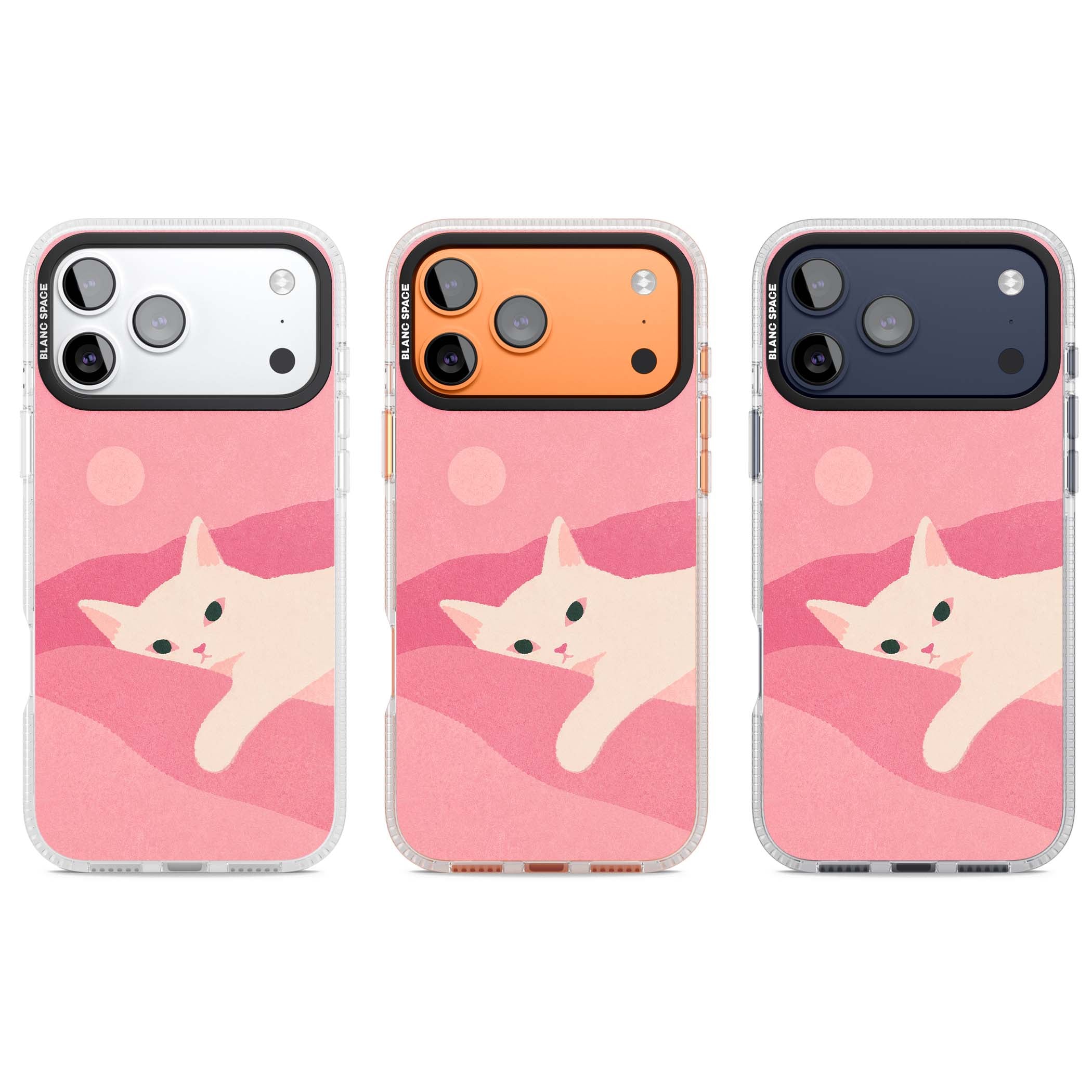 Pink Dreams cute cat iPhone case featuring a white kitten, soft pink hills and a pale pastel sun | Clear Case Impact Air case for iPhone 17 Pro, iPhone 17 Pro Max