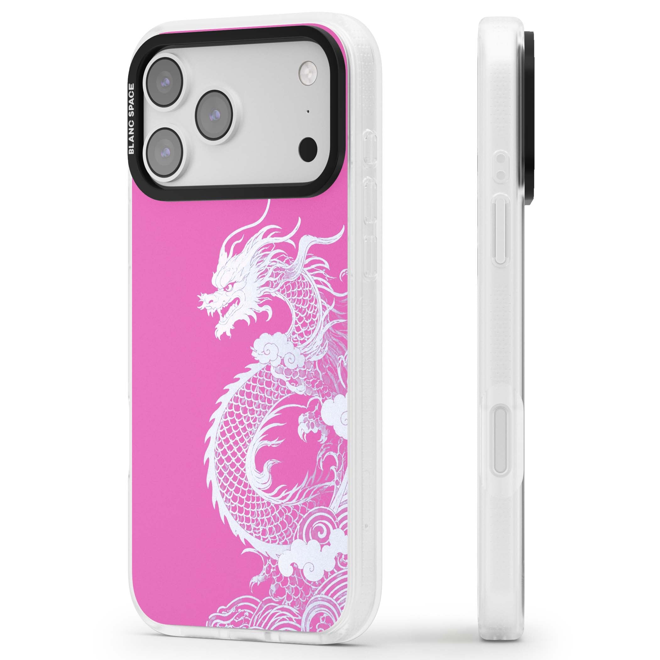 Pink Empress chinese dragon iPhone case featuring a white dragon, swirling clouds and pink dragon wallpaper backdrop | Clear Case Impact Air case for iPhone 17 Pro, iPhone 17 Pro Max