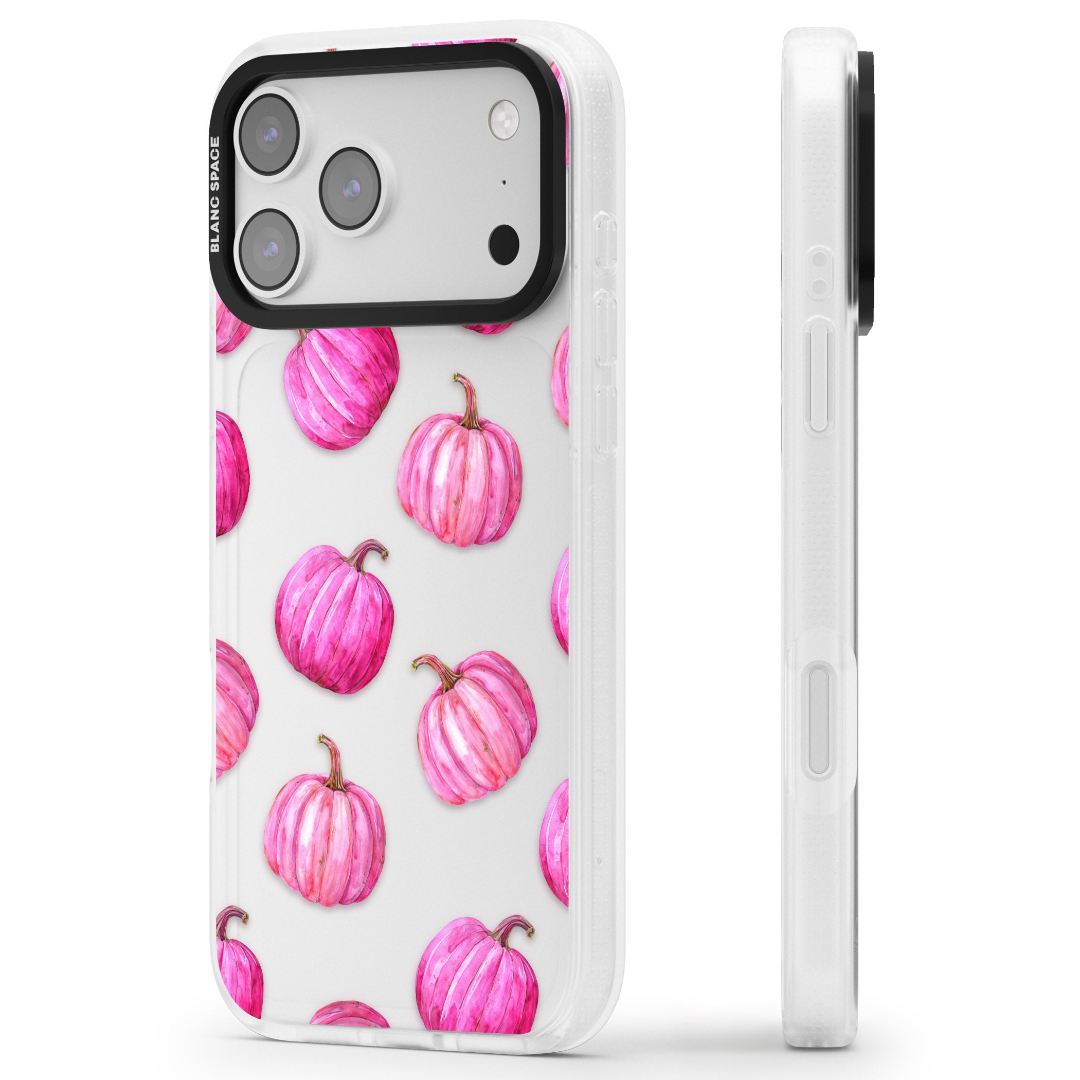 Pink Pumpkins iPhone 17 Pro Max Impact Air Clear Phone Case Side Profile