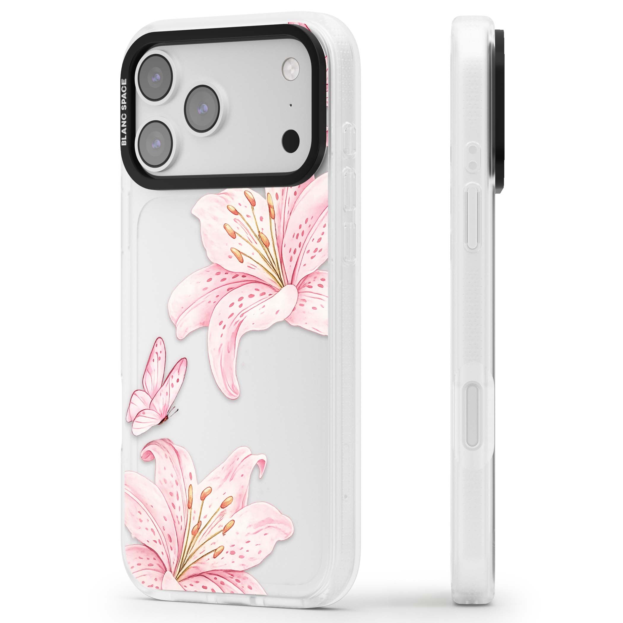 Lily Whisper floral iPhone case featuring pink watercolour lilies and delicate butterflies on a clear background | Clear Case Impact Air case for iPhone 17 Pro, iPhone 17 Pro Max