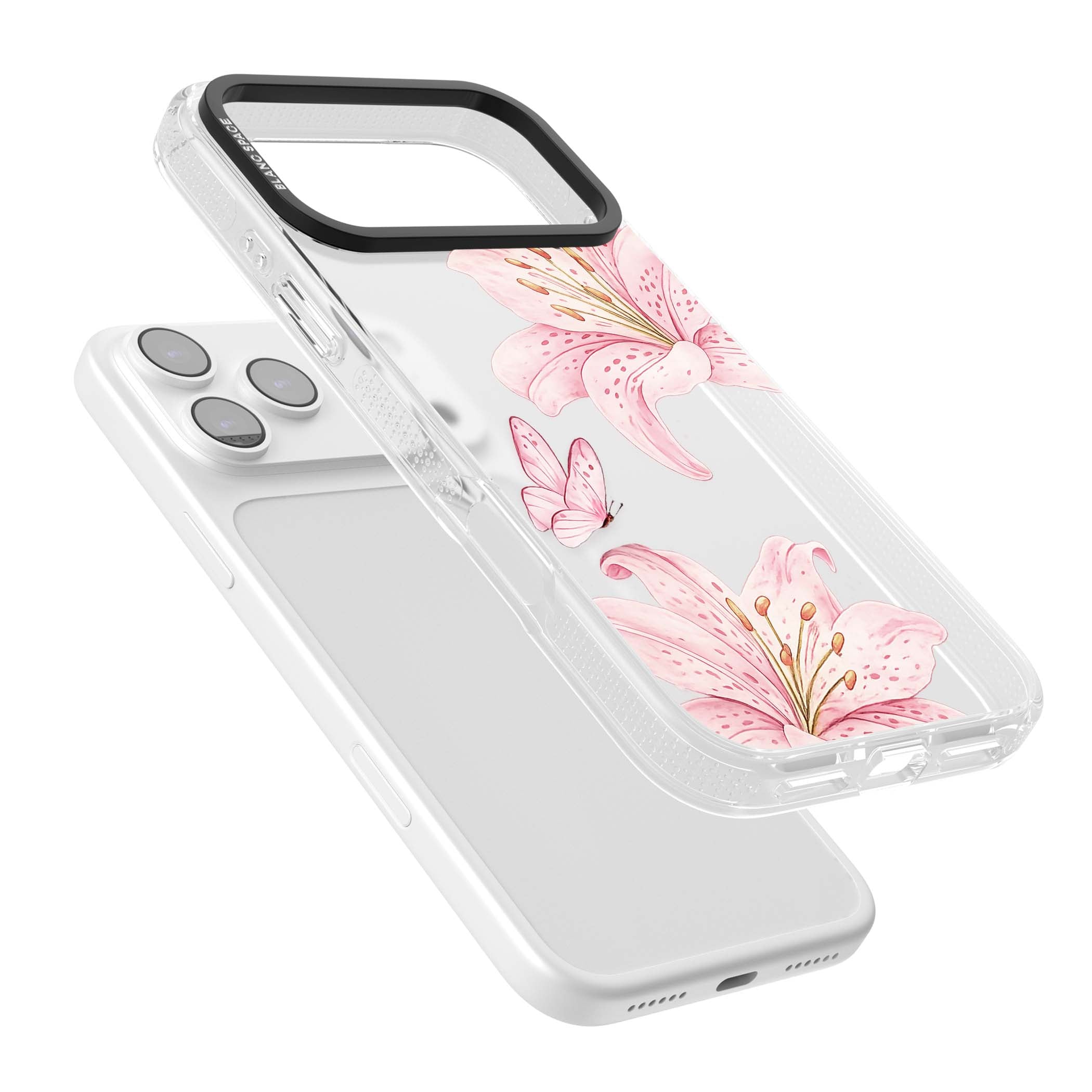 Lily Whisper floral iPhone case featuring pink watercolour lilies and delicate butterflies on a clear background | Clear Case Impact Air case for iPhone 17 Pro, iPhone 17 Pro Max