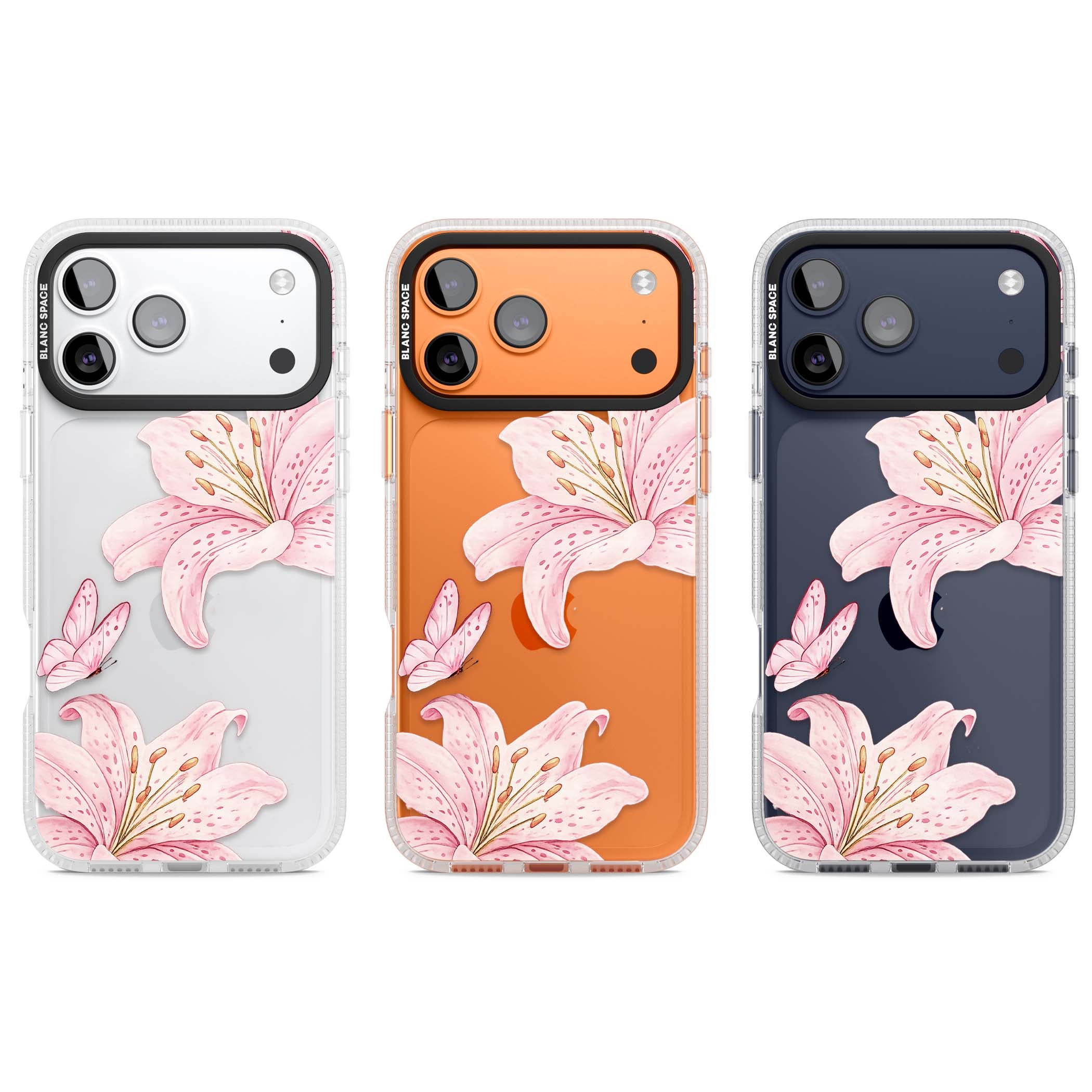 Lily Whisper floral iPhone case featuring pink watercolour lilies and delicate butterflies on a clear background | Clear Case Impact Air case for iPhone 17 Pro, iPhone 17 Pro Max