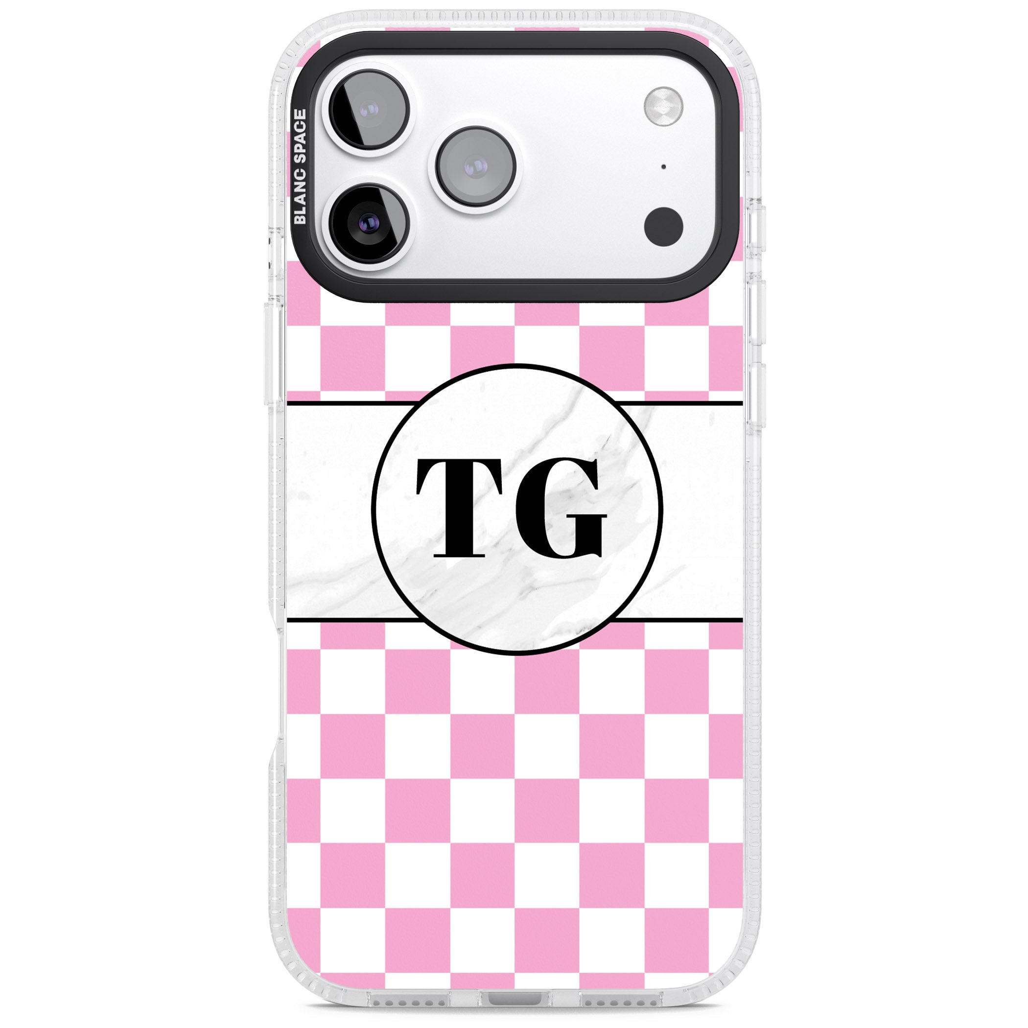 Personalised Monogrammed Pink Check iPhone 17 Pro Max Impact Air Clear Phone Case