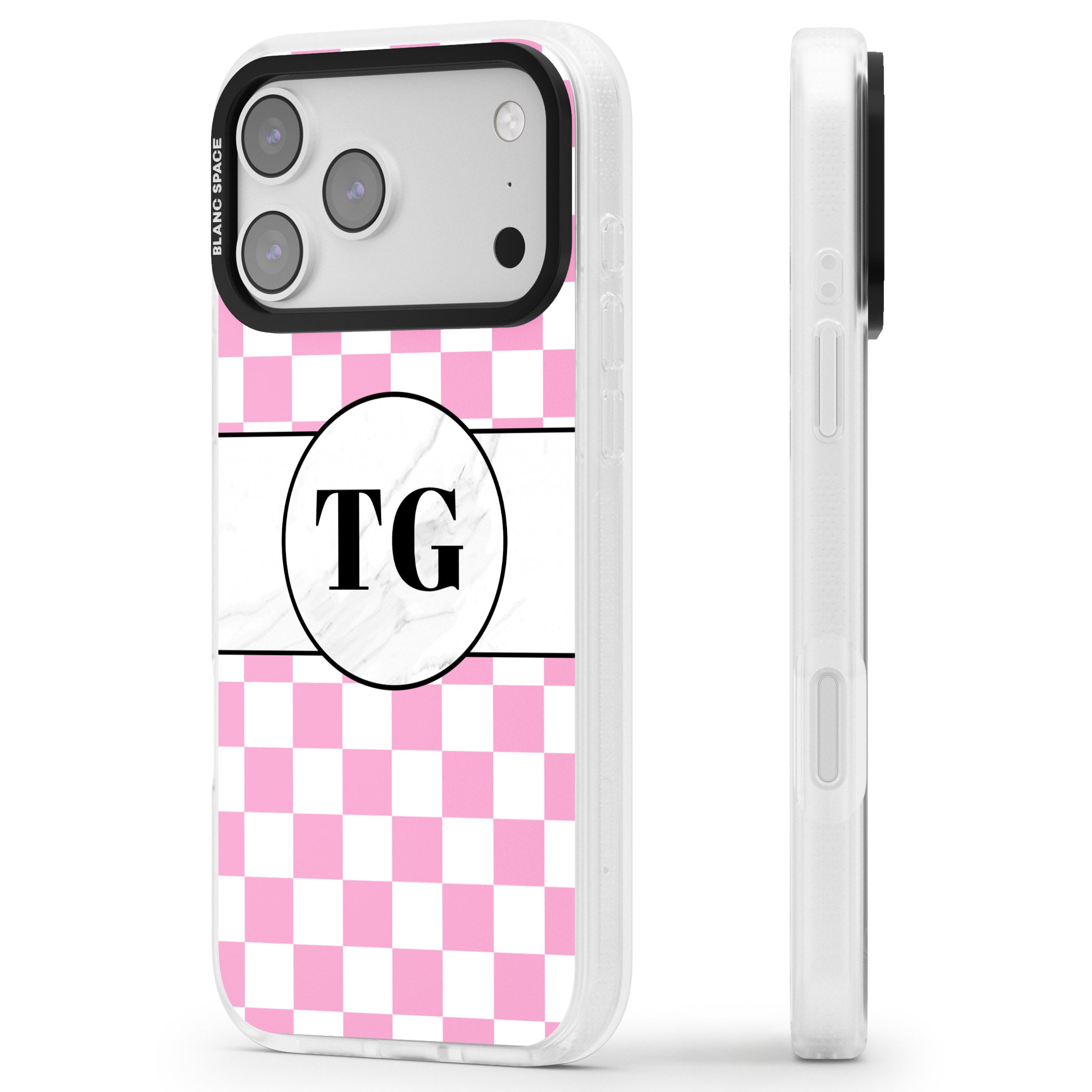 Personalised Monogrammed Pink Check iPhone 17 Pro Max Impact Air Clear Phone Case Side Profile