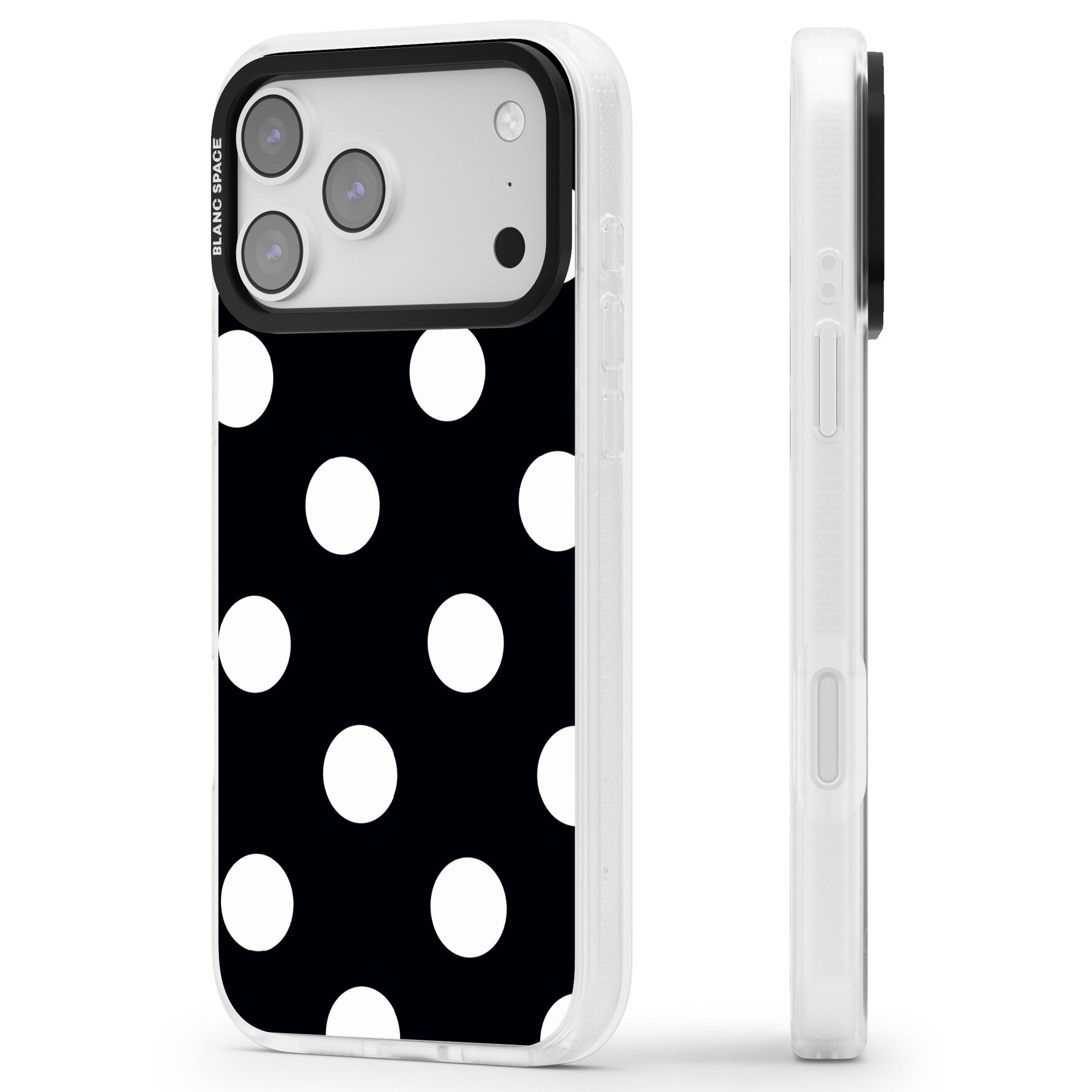 Chic Black Polka Dot iPhone 17 Pro Max Impact Air Clear Phone Case Side Profile