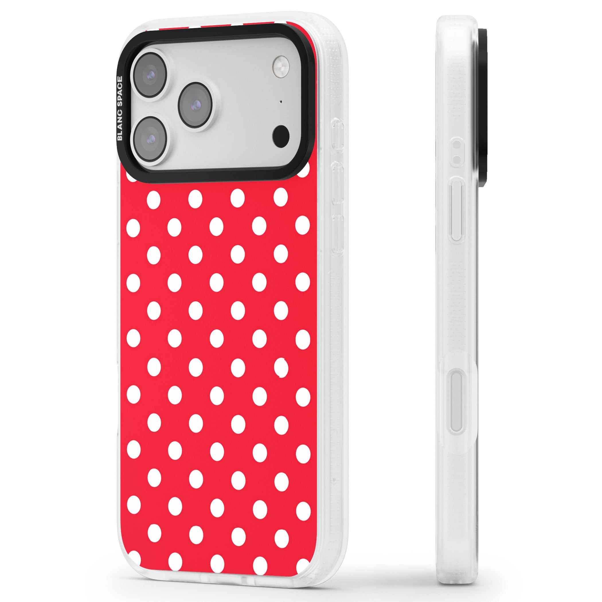 Designer Lava Red Polka Dot iPhone 17 Pro Max Impact Air Clear Phone Case Side Profile