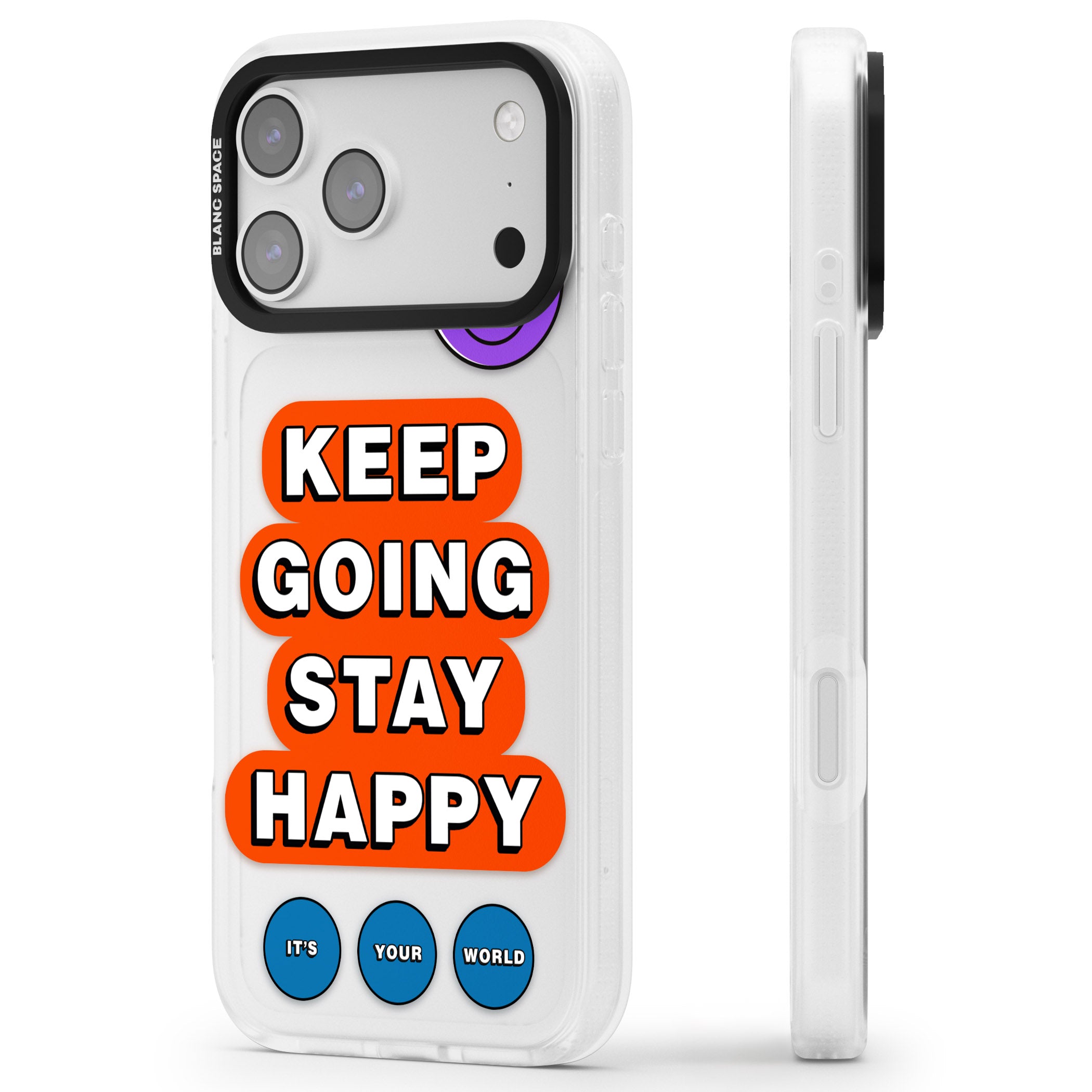 Keep Going Stay Happy iPhone 17 Pro Max Impact Air Clear Phone Case Side Profile