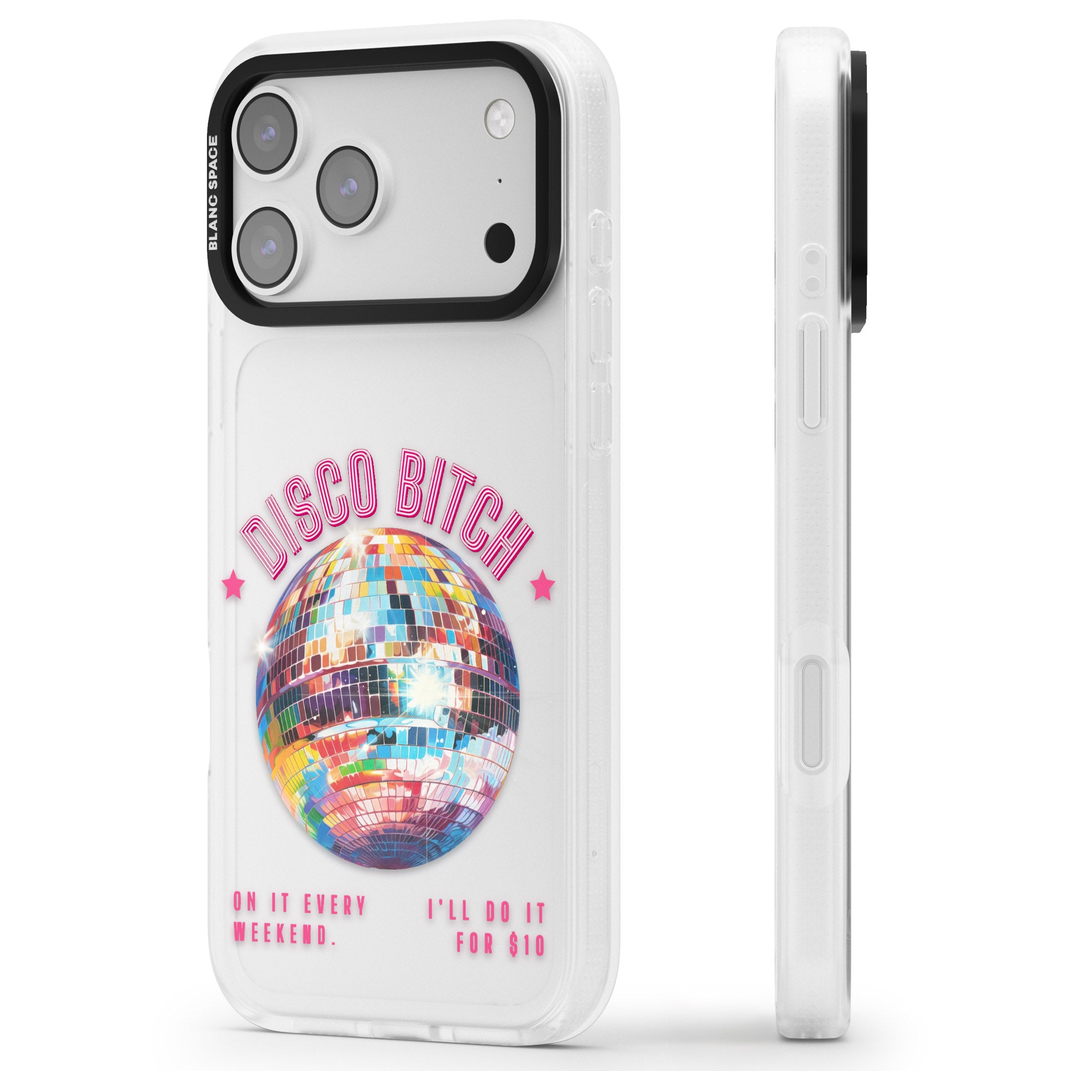 Disco B Tch iPhone 17 Pro Max Impact Air Clear Phone Case Side Profile