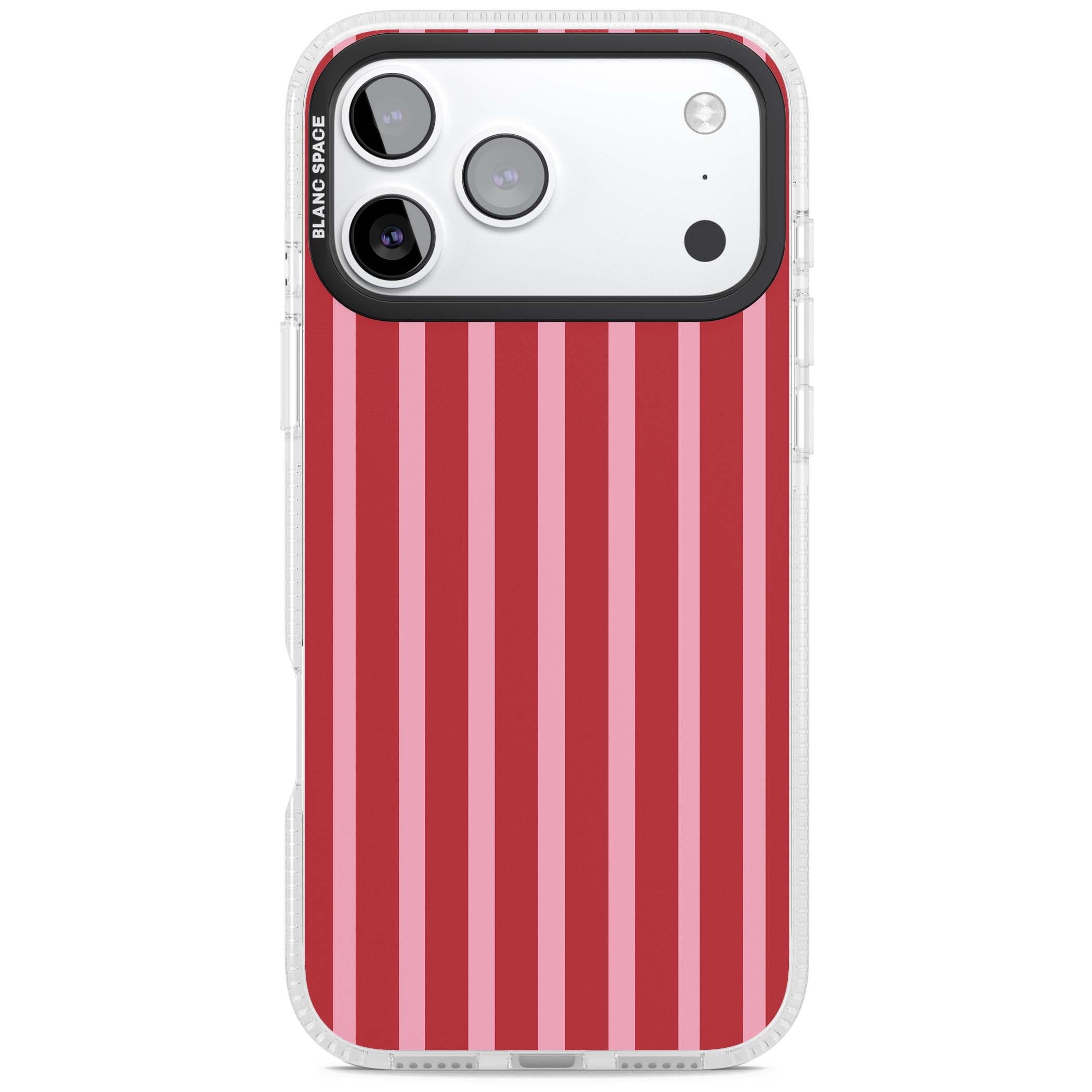 Raspberry Stripe coquette iPhone case featuring red and pink vertical stripes in a candy-inspired pattern | Clear Case Impact Air case for iPhone 17 Pro, iPhone 17 Pro Max