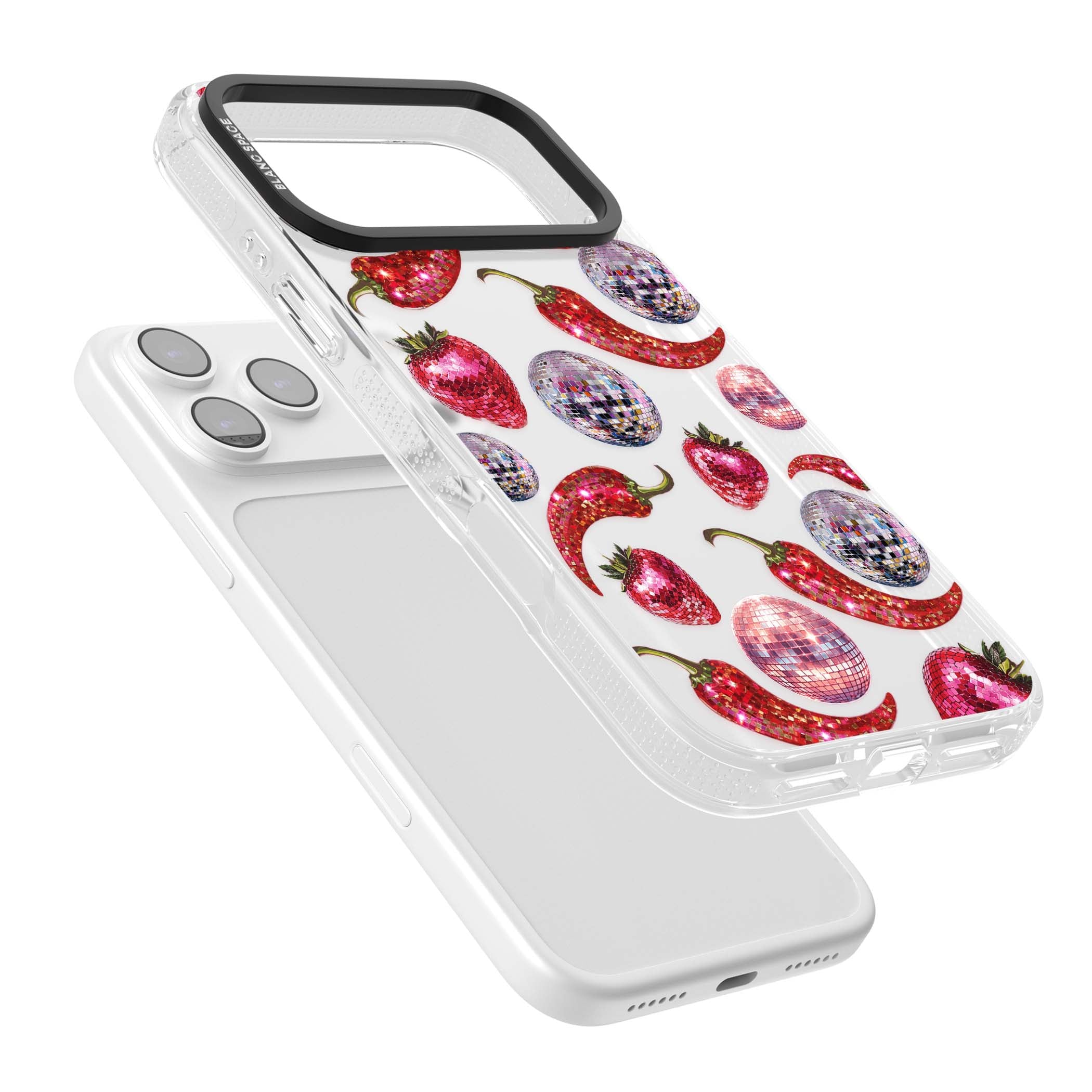 Spicy Disco Y2K iPhone case featuring glitter disco balls, sparkly strawberries and red chilli peppers | Clear Case Impact Air case for iPhone 17 Pro, iPhone 17 Pro Max